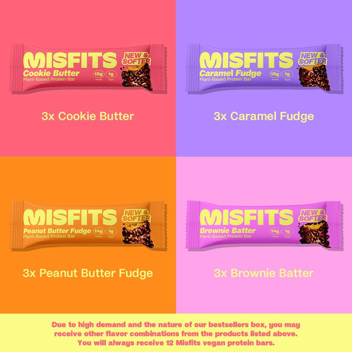 Misfits Misfits Vegan Protein Bar Bundle, Plant Based Protein Bars, High Protein 15g Per Bar, Low Sugar, Low Carb, Vegan, High Fiber, Non GMO, Best Sellers Variety and Brownie Batter 15 Packs