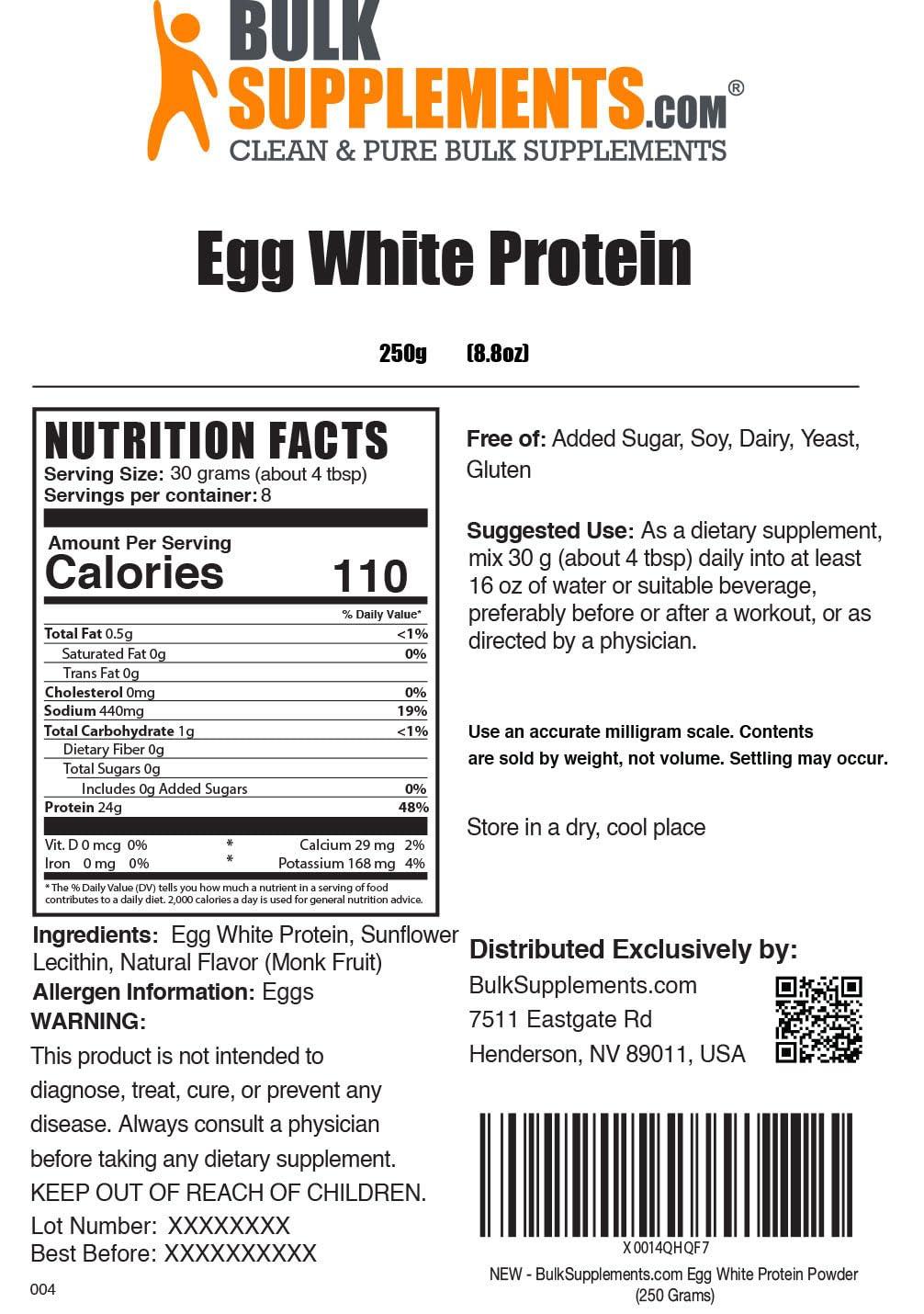 BulkSupplements BulkSupplements.com Egg White Protein Powder - Albumin Powder, Egg White Powder - Lactose Free & Dairy Free Protein Powder - Unflavored & Gluten Free, 30g per Serving, 250g (8.8 oz)