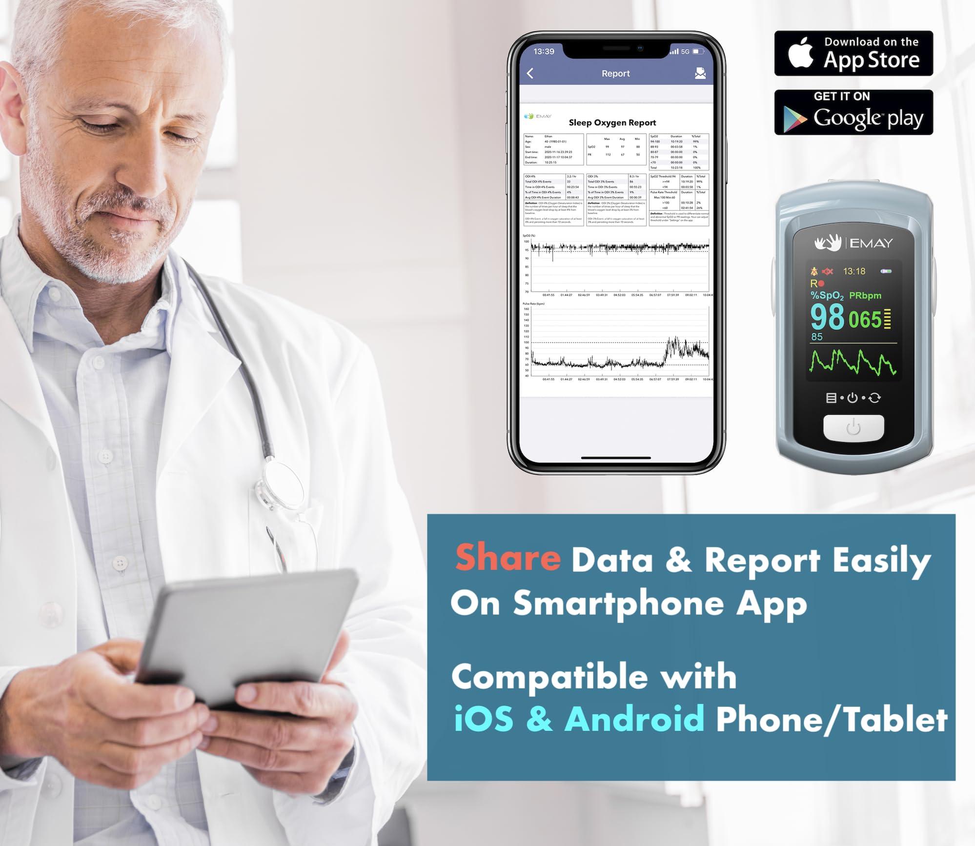 EMAY EMAY Sleep Oxygen Monitor with PC Software & App | Bluetooth Pulse Oximeter Rechargeable for Overnight & Continuous SpO2 Tracking with 72 Hours Built-in Memory | Gives Informative Report & Analysis