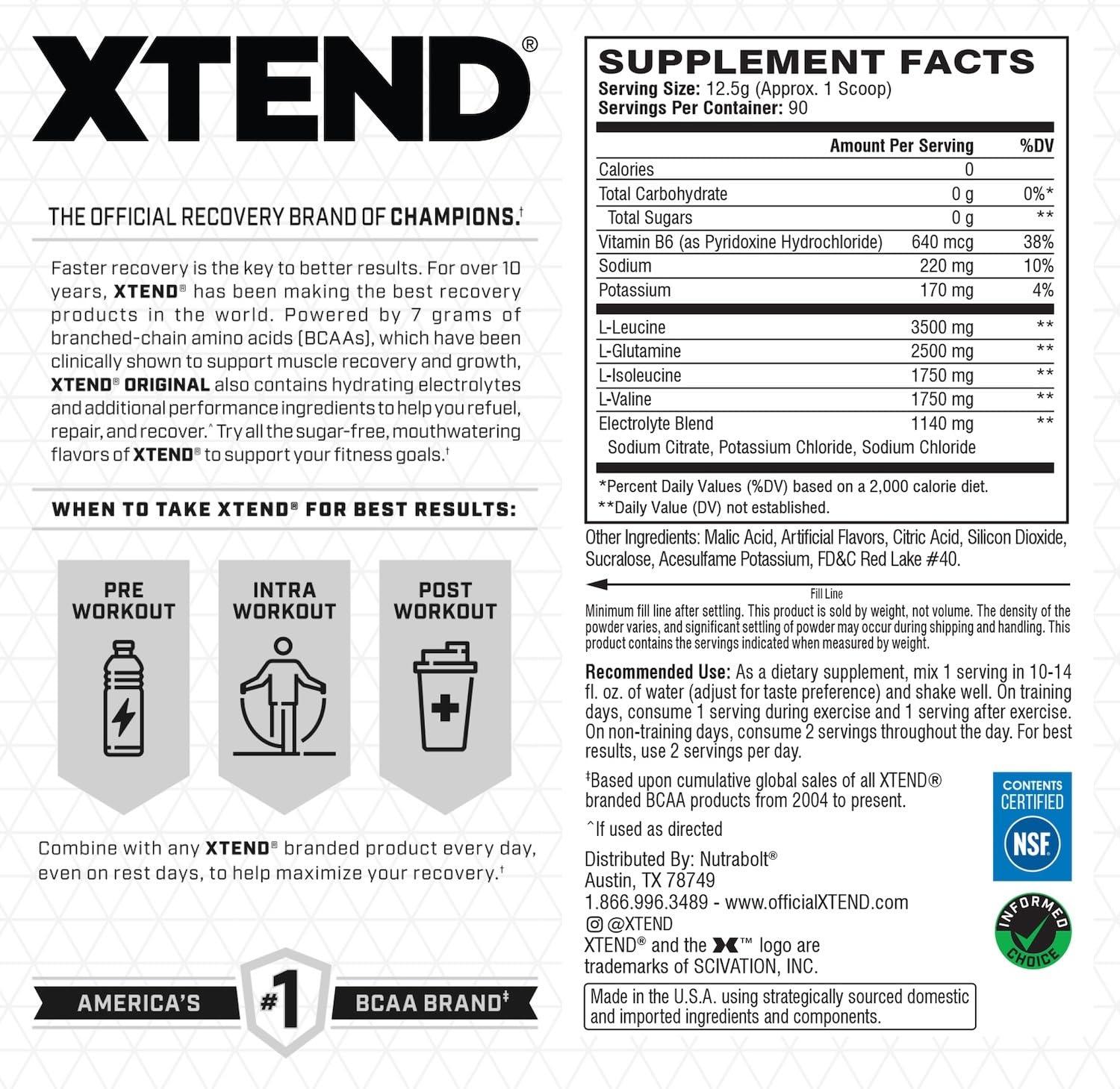 Xtend Xtend XTEND Original BCAA Powder 7g BCAA and 2.5g L-Glutamine, Sugar Free Post Workout Muscle Recovery Drink with Amino Acids for Men & Women, 90 Servings