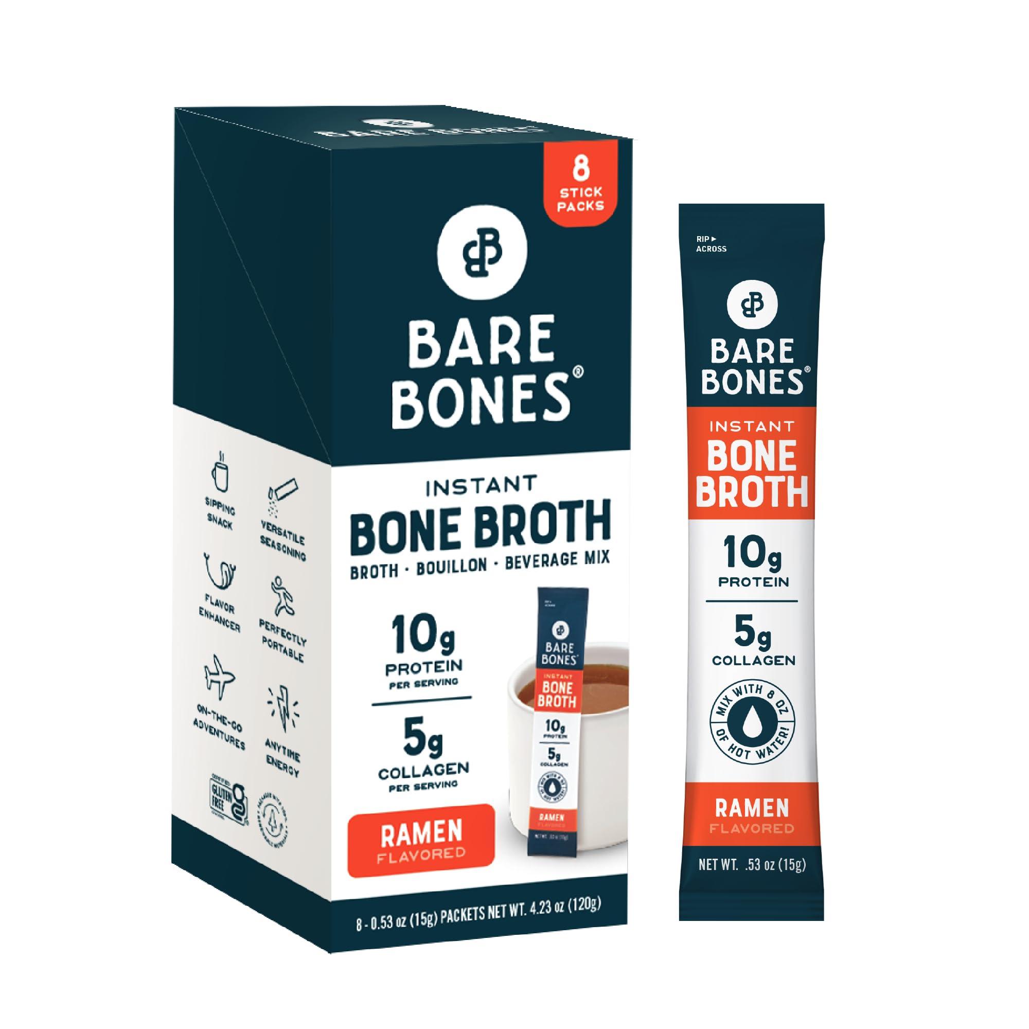 Bare Bones Bare Bones Bone Broth Instant Powdered Beverage Mix, Ramen, Pack of 8, 15g Sticks, 10g Protein, Keto & Paleo Friendly, Non-GMO, Gluten-Free, Dairy-Free