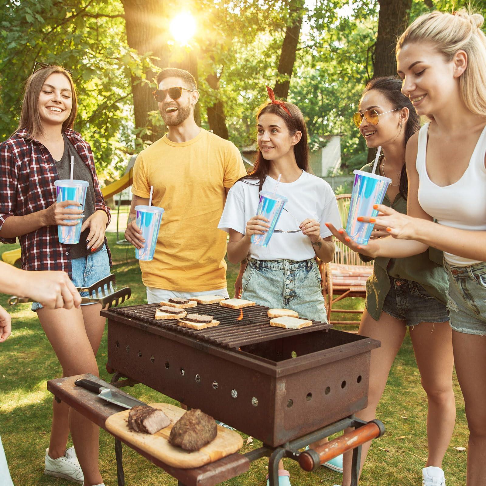 Domensi Domensi Iridescent Plastic Cups with Lids and Straws 24 oz Iridescent Reusable Plastic Tumblers Iced Coffee Cups for Shiny Disco Birthday Wedding Bachelorette Party Supplies(12 Pack)