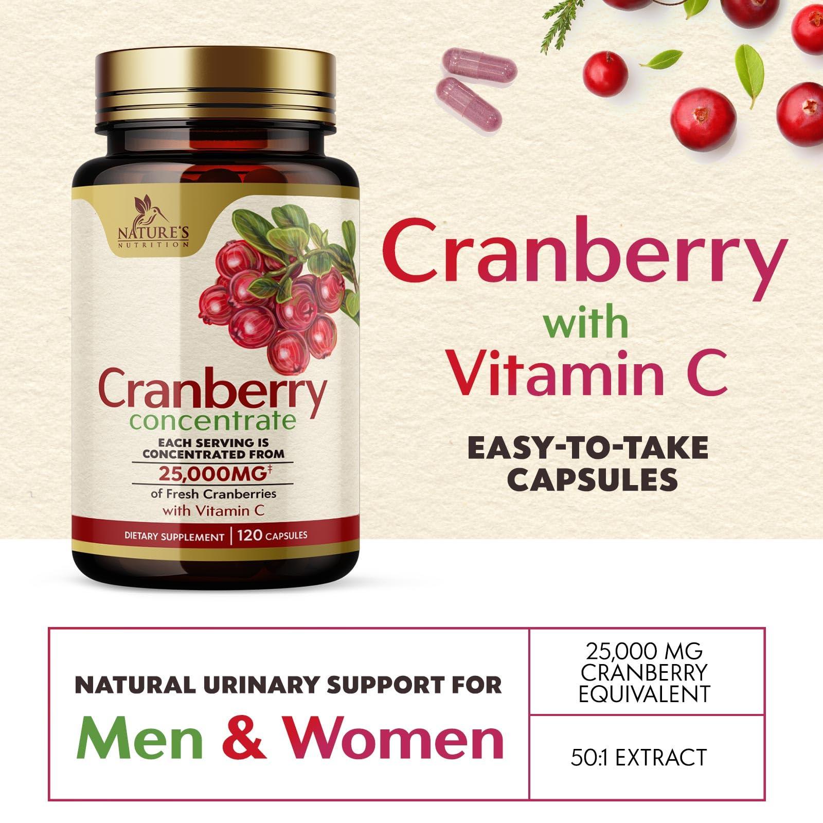 Nature's Nutrition Cranberry Concentrate Extract Supplement for Women & Men + Vitamin C & E - 25,200mg Formula for Urinary Tract Health Support, Non-GMO and Gluten Free, Cranberry Pills Supplement - 120 Softgels