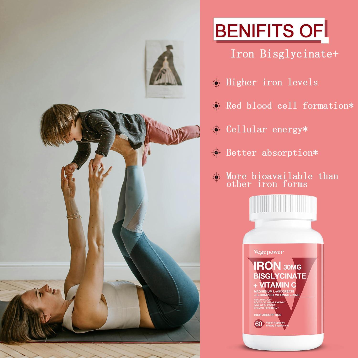 VEGEPOWER Iron Bisglycinate Supplement for Women & Men - 30mg Iron Pills with Vitamin C, B12, Folic Acid - Chelated Iron for Anemia, Blood Builder - High Absorption, Gluten-Free, Non-GMO - 60 Vegan Caps