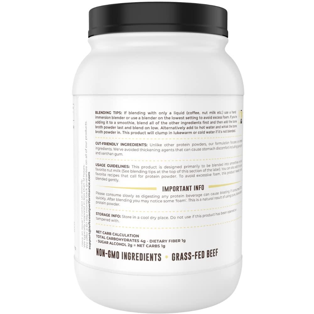 Left Coast Performance 32oz Vanilla Bone Broth Protein Powder From Grass Fed Beef - Non-GMO Ingredients, Gut-Friendly, Low Carb Dairy Free Protein Powder - Natural Collagen Source For Joint Support - Keto Friendly
