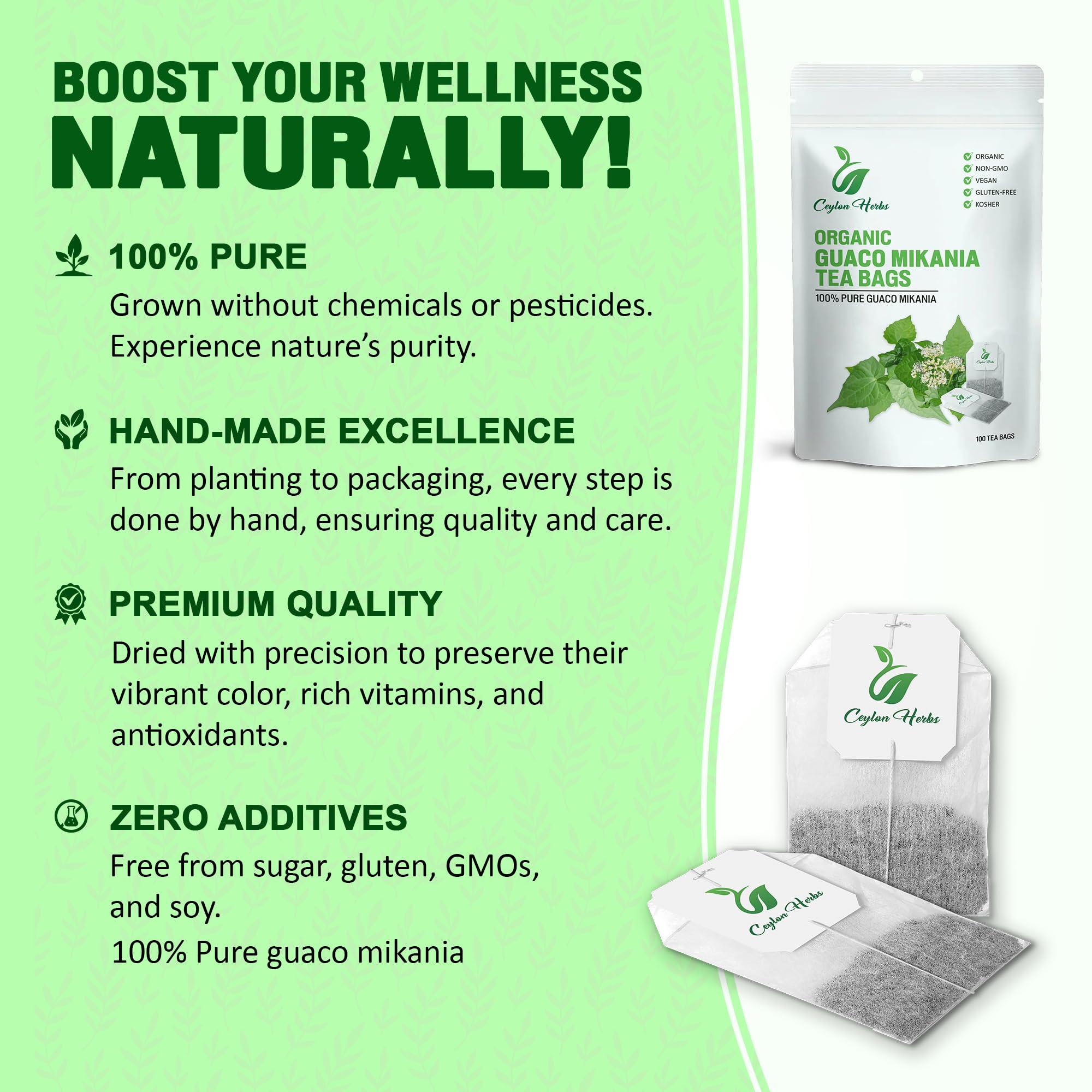 CEYLON HERBS 100 Guaco Mikania Tea Bags - 100% Pure, Organic, Wild-Crafted Herbal Tea Bags for a Refreshing, Earthy Brew