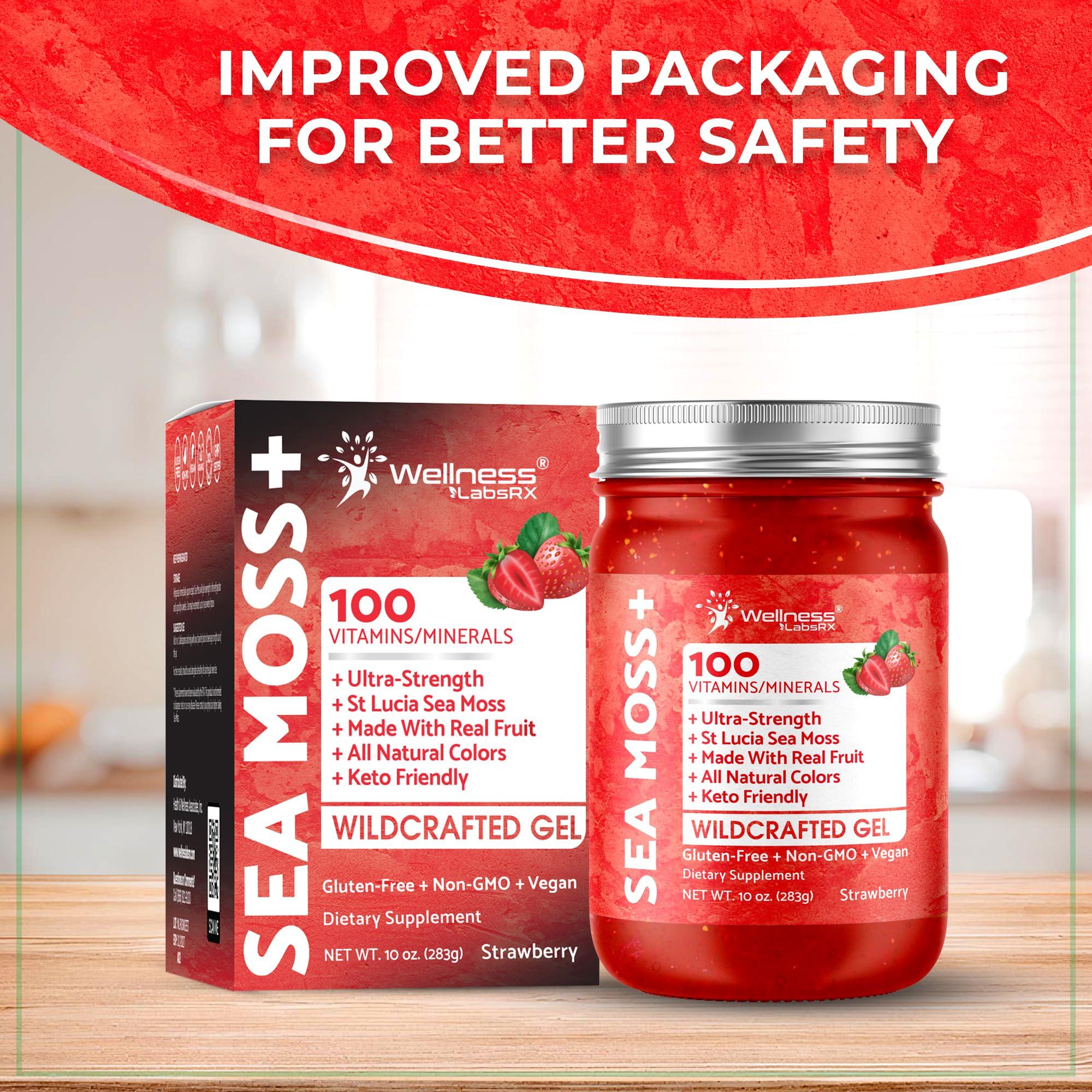 WELLNESS LABSRX Irish Sea Moss Gel Organic Raw - Wildcrafted Superfood Seamoss Gel - Strawberry Flavor, Vitamin and Mineral-Rich from Pristine Caribbean Waters, Immune and Digestive Health Support - 10 oz.