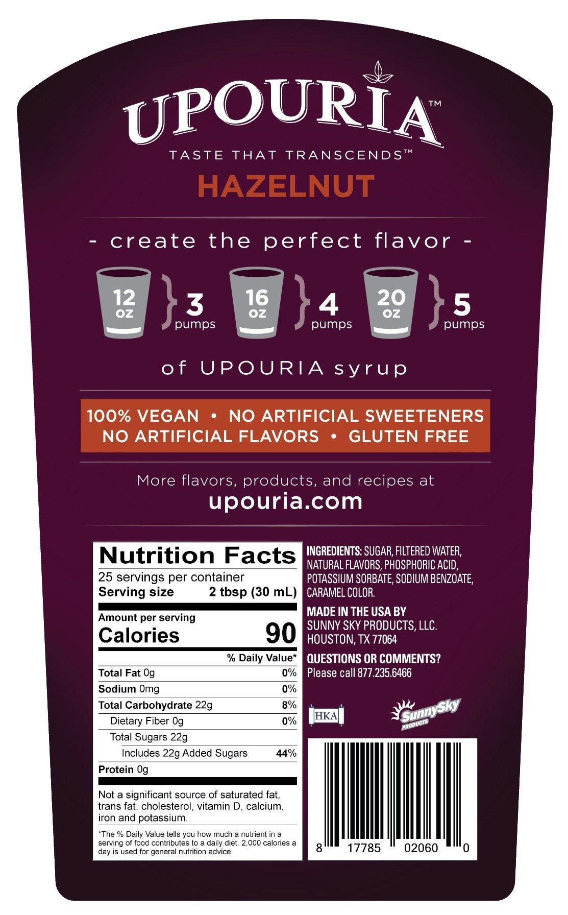 Sunny Sky Upouria Coffee & Tea Flavoring Syrup Variety Pack, French Vanilla, Mocha, Hazelnut, Caramel, 100% Vegan, Gluten Free, Kosher, 750 mL Bottle (Pack of 4)