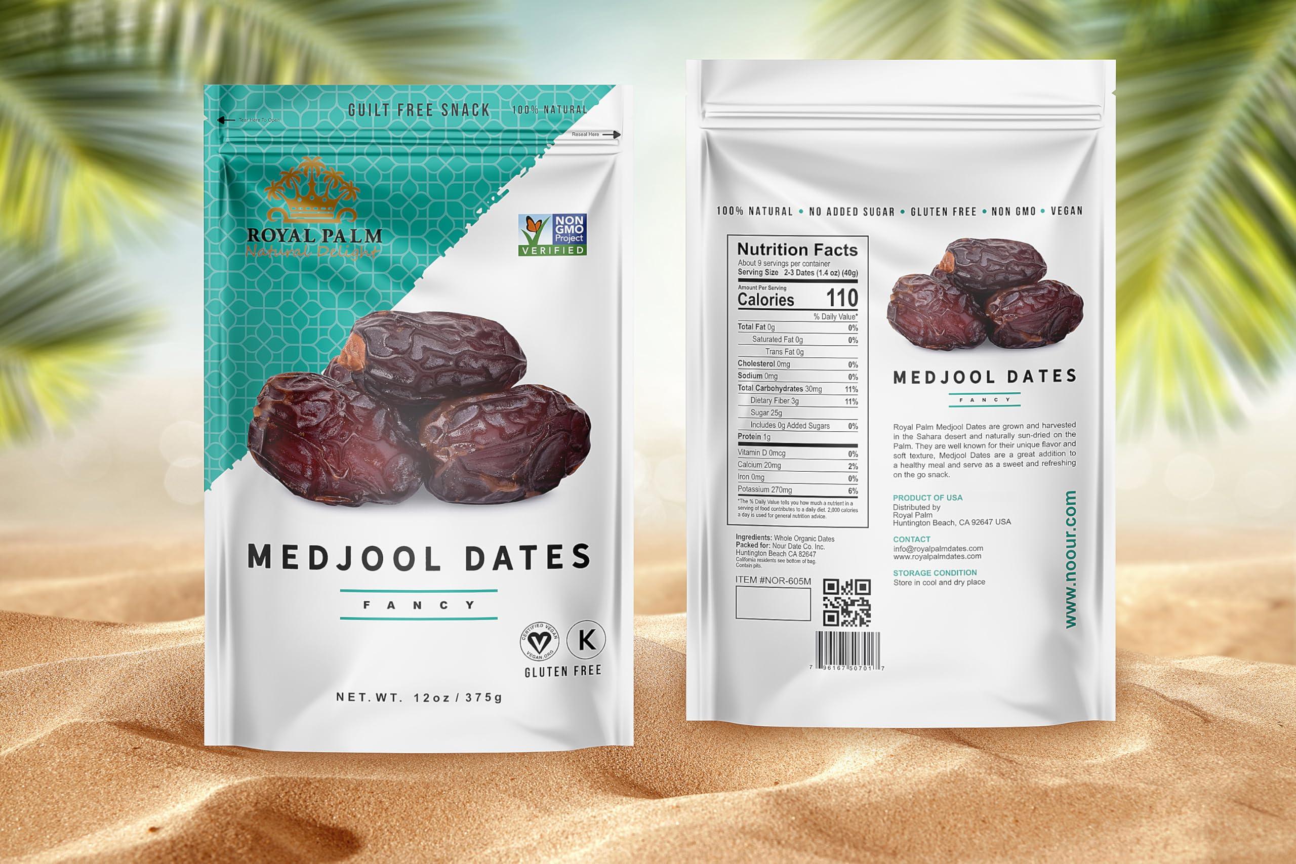 Royal Palm Premium Medjool Dates by Royal Palm 12oz Bag of Pitted Jumbo Dates Natural Sweetener and Fresh Dried Fruit Healthy Vegan Snack & Natural Energy Boost Non-GMO, Kosher Premium Date Fruit