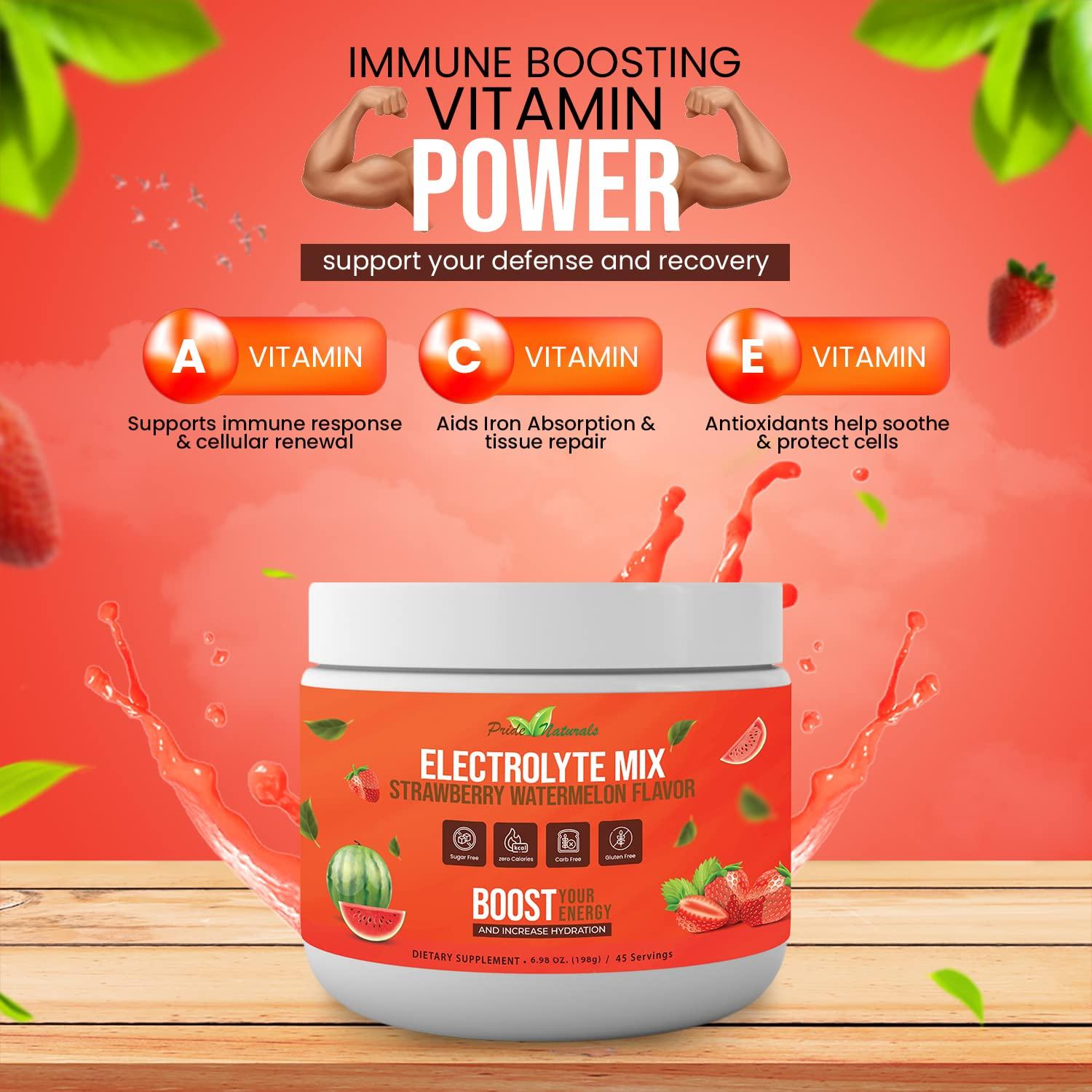 Pride Naturals Inc Electrolyte Powder - Refreshing Workout Recovery Electrolytes, Sugar Free, Gluten Free & Vegan, Pure Keto & Paleo Hydration Beverage, Immune Boosting Vitamins (198 Grams, Strawberry Watermelon)