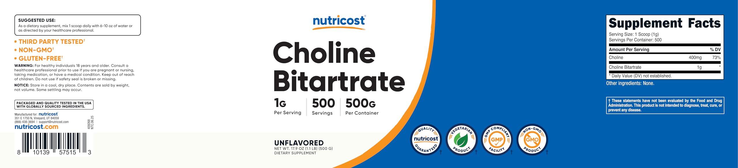 Nutricost Nutricost Pure Choline Bitartrate Powder 500 Grams