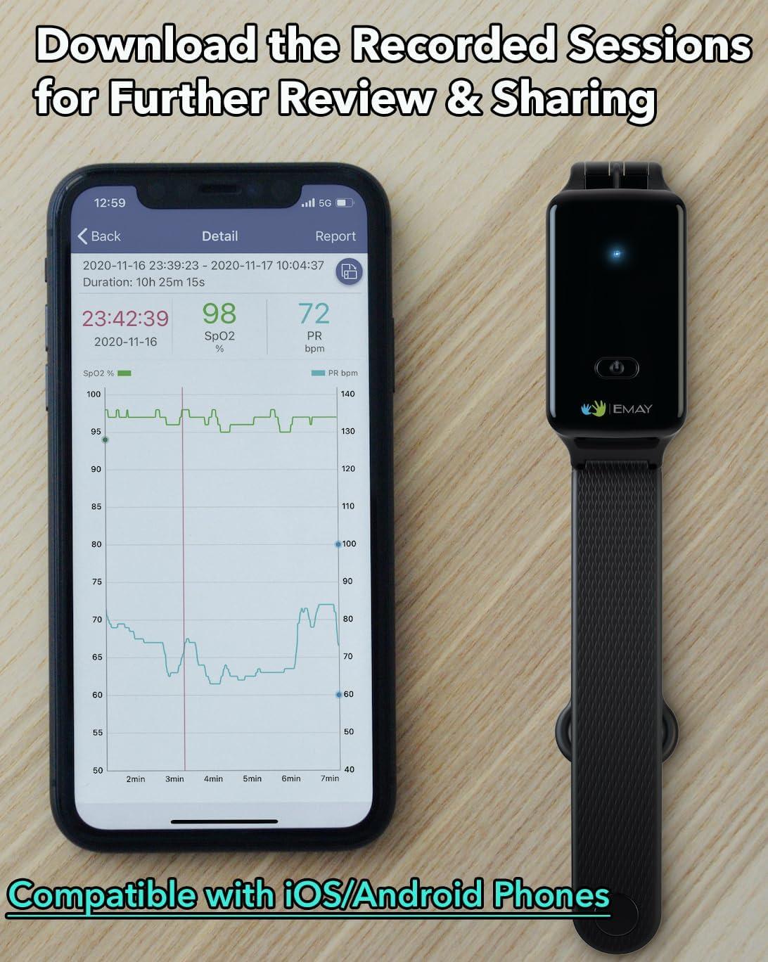 EMAY SleepO2 Wrist Recording Pulse Oximeter by EMAY | Continuous Pulse Oximeter to Record Blood Oxygen Saturation and Pulse Rate Overnight | Export Sleep Report & Raw Data