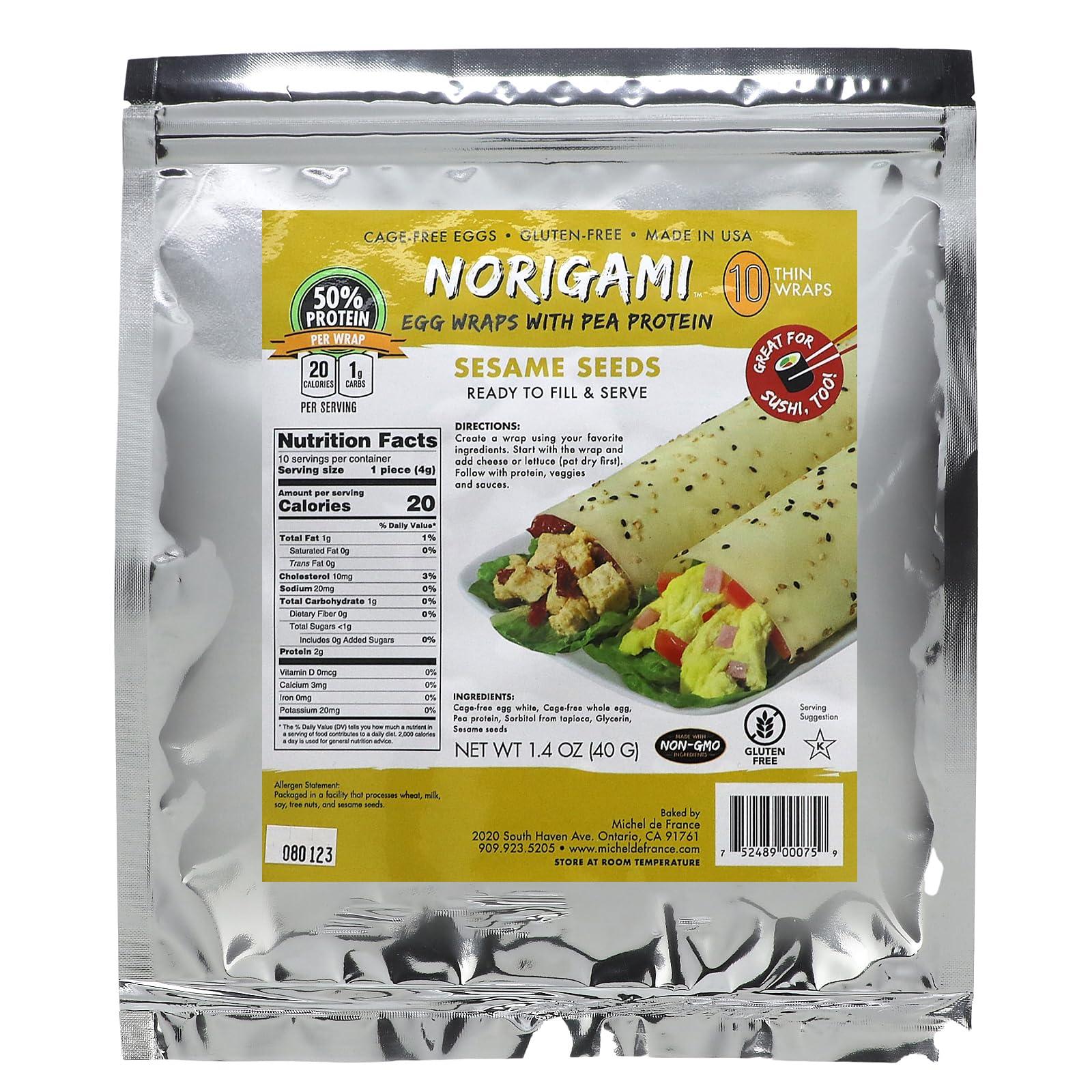 Norigami Norigami Egg Wraps with Pea Protein – Sesame Seeds. High Protein, Low Carb, Vegetarian. Thin Healthy Wraps -Certified Kosher, Non-GMO, Gluten Free -NOW Featuring 10 Wraps in a bag.