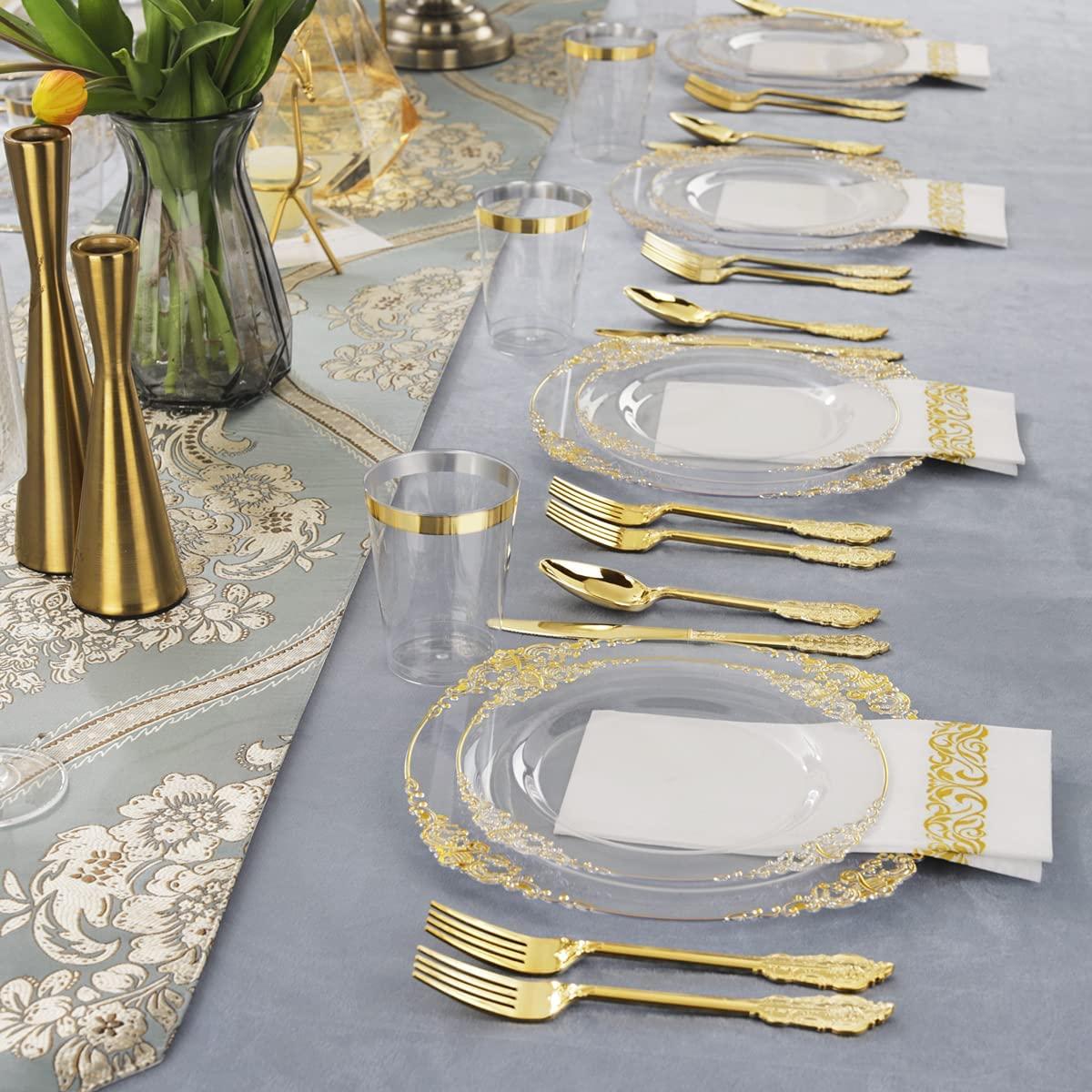Nervure Nervure 175PCS White and Gold Plastic Plates 175PCS Clear Gold Plastic Plates
