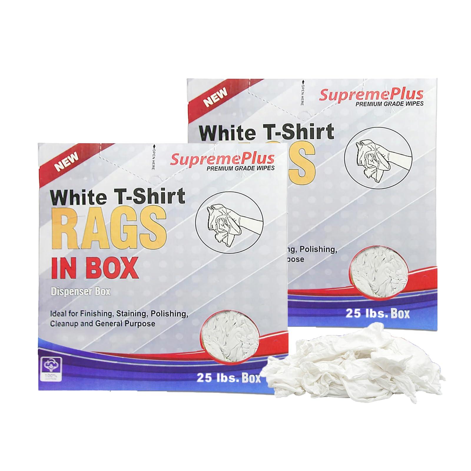 SupremePlus SupremePlus Premium White T-Shirt Rags - Shop Cotton Knit Cleaning Rag in a Compressed Box, Clean Up Oil, Grease, Stain, & Paint with Bulk, Multipurpose Polishing Cloth (2 x 25 lbs. Compressed Box)
