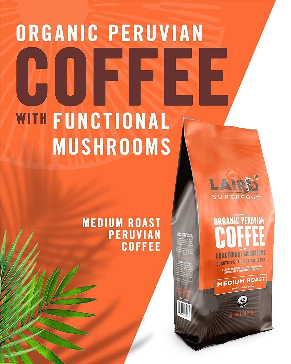 Laird Superfood Laird Superfood Peruvian Medium Roast Coffee with Functional Mushrooms, Certified Organic Peruvian Ground Coffee Beans, Gluten-Free, Dairy-Free, Non-GMO, Paleo, Keto Friendly, 12 oz. Bag