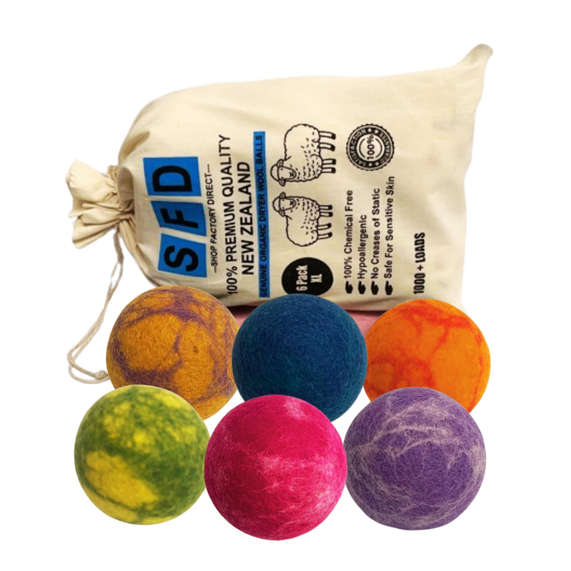 Shop Factory Direct Wool Dryer Balls 100% New Zealand Wool Dryer Balls, Chemical Free Fabric Softener for 1000+ Loads, Hypoallergenic, Cruelty-Free, Reusable, Baby Safe, Handmade Color 6 Pack XL Tie Dye Wool Balls.