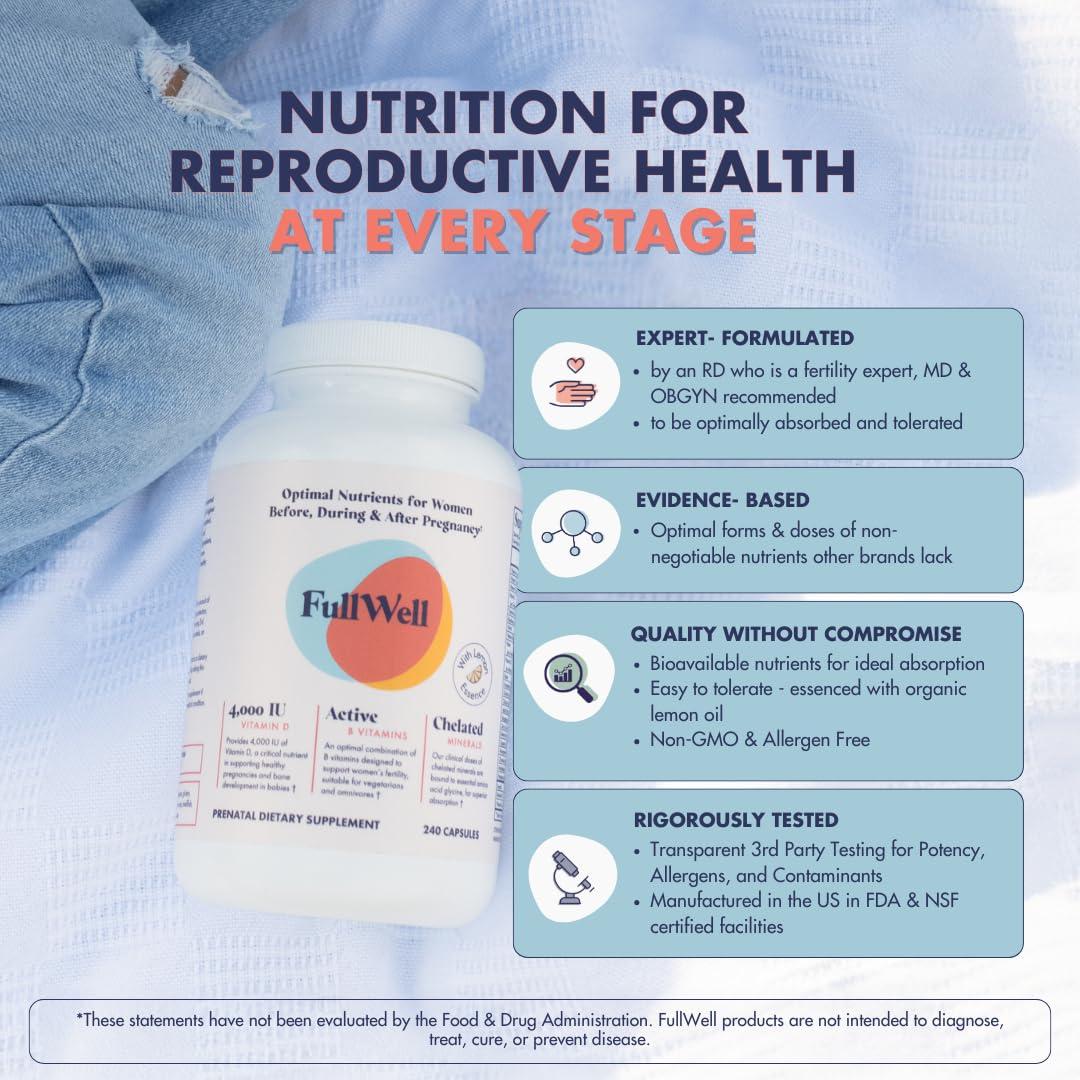 FullWell FullWell Prenatal Vitamins Lemon | choline, folate, vitamin D for fetal growth, brain development | 26 Vital Nutrients | Dietitian-formulated, OBGYN recommended, non-GMO, 3rd Party tested, 60 Servings