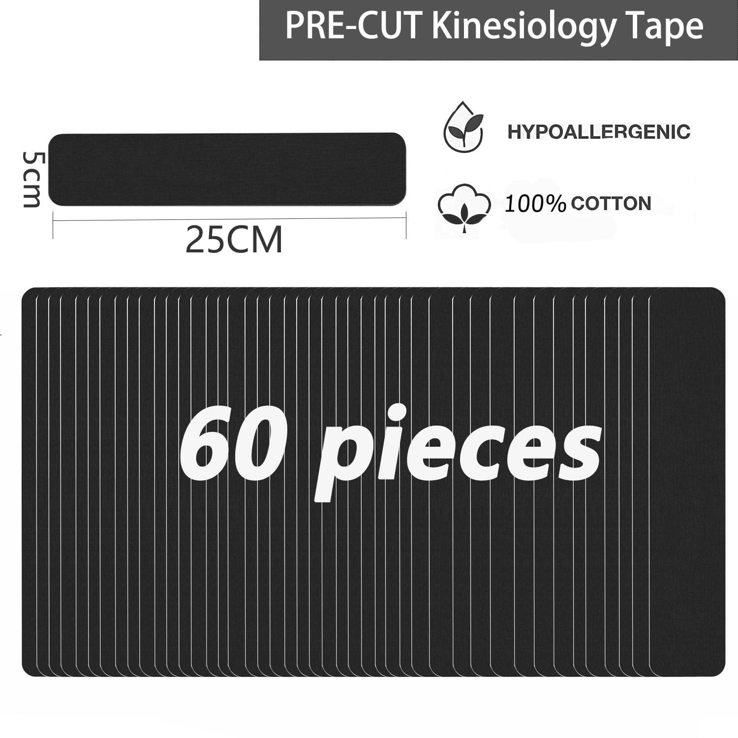 ANAMPION Kinesiology Tape Pro Athletic Sports (60 Precut Strips) Waterproof Breathable Athletic Elastic Kneepad Muscles & Joints Pain Relief Knee Taping for Gym Fitness Running Tennis Swimming FootballBlack