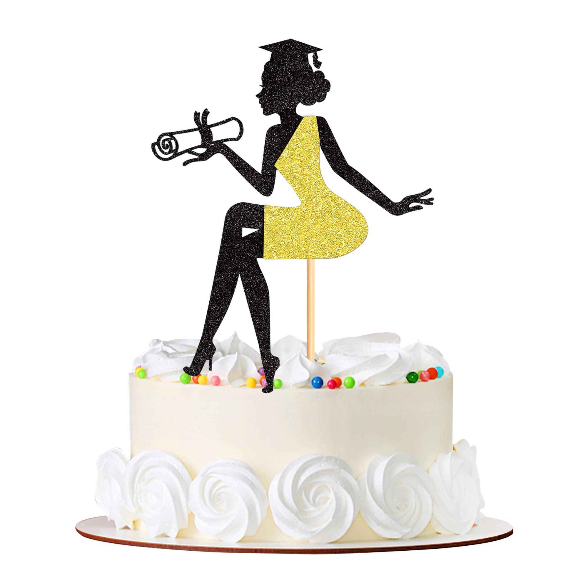 Cyodoos Cyodoos 1 PC High Heel Girl Graduation Cake Topper with Grad Cap Diploma 2023 Graduation Cake Pick 2023 Senior Graduation Cake Decorations for 2023 Girl Graduation Theme Party - Black Gold Glitter