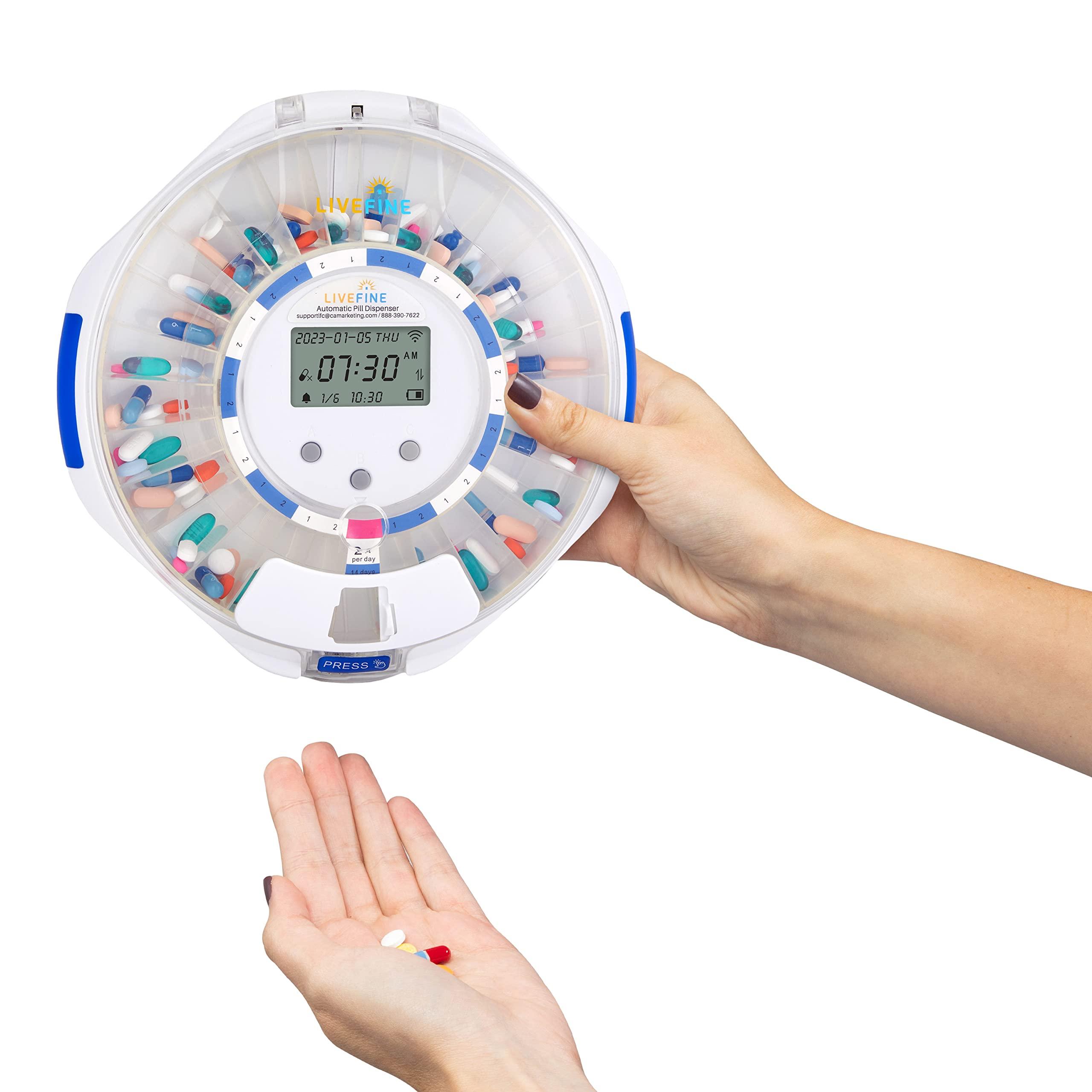 Live Fine LiveFine Smart WiFi Automatic Pill Dispenser Clear Lid | 28-Day Medication Organizer Up to 9 Doses Per Day for Care Monitoring with Lock Key, Light/Sound Alarms for Prescriptions & Vitamins