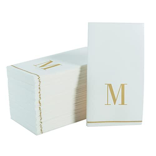 LUXE PARTY Luxe Party 112 Pack Monogram Napkins | Letter M Initial | Disposable | Premium Airlaid | Linen Feel | Decorative Table Setting | Guest Towel Napkin | White and Gold