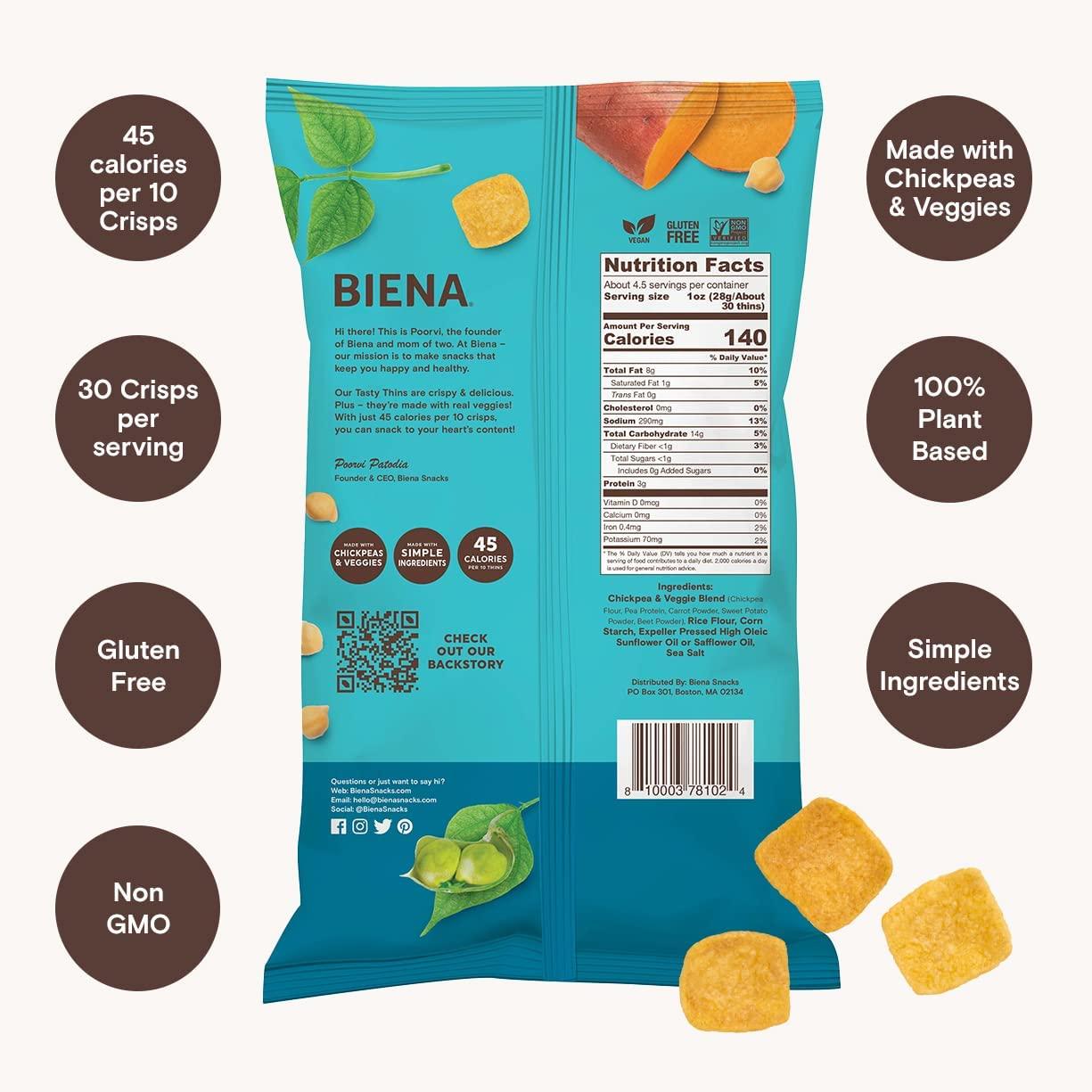 BIENA Biena Sea Salt Chickpea Tasty Thins (4 Pack) And Himalayan Pink Salt Chickpea Snacks (Value Pack)