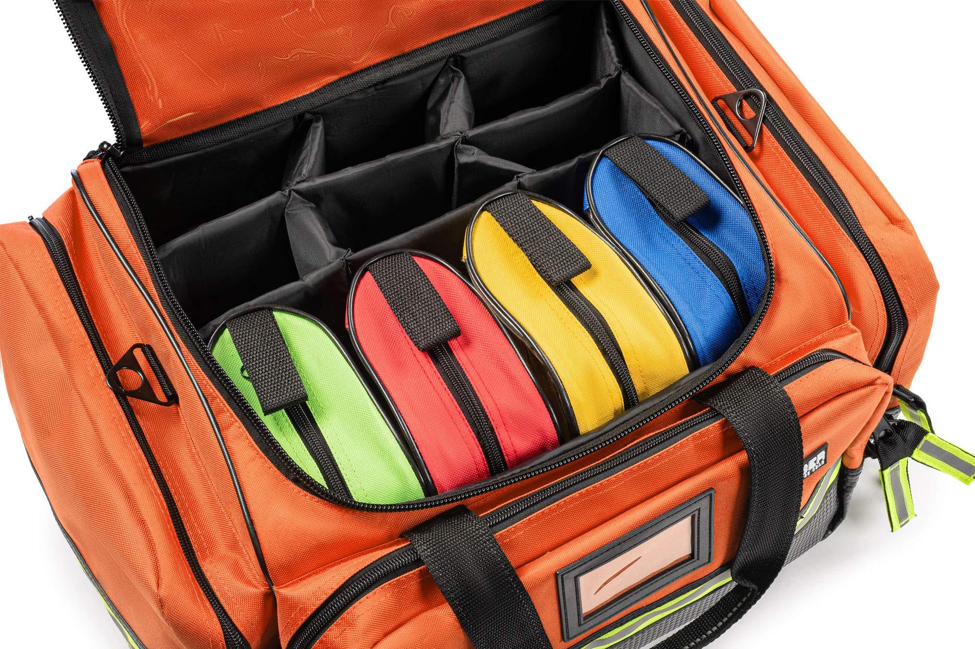 Scherber Scherber Fully-Stocked First Responder Professional Advanced EMT/EMS Trauma Kit | HSA/FSA Approved | Reflective Bag w/10+ Compartments, Zippered Pockets & 250+ First Aid Supplies (Orange)