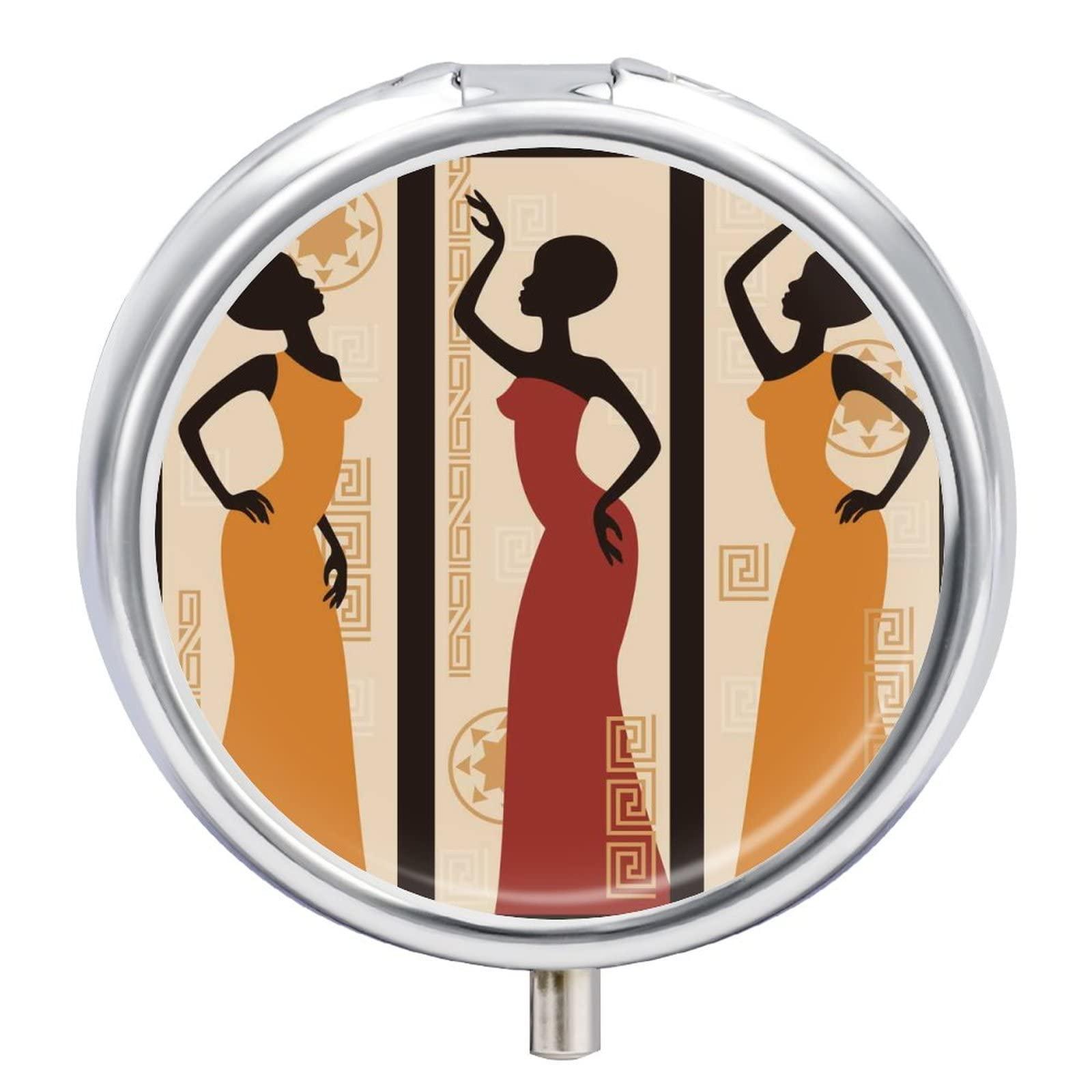 Oyihfvs Afro Black Woman Classic African American Women Iron Pill Box Case Organizer with Internal Separate Plastic Dividers, Travel Small Medicine Bag Holder Carrier Round Container