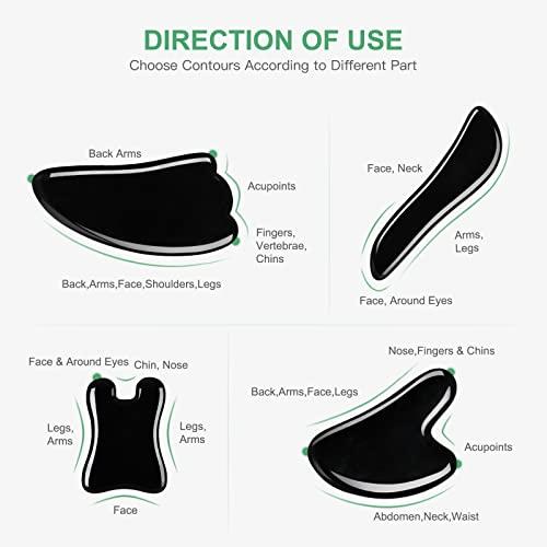 airogym airogym Guasha Massage ToolNatural Stone Gua Sha Board, 4PCS Guasha Stone Scraping Massage Sets for SPA Acupuncture Physical Therapy Muscle Knots Facial Caring Point Treatment (Black Stone)