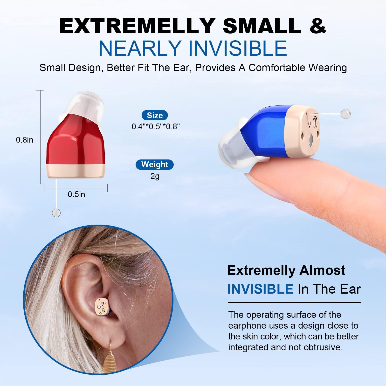 RUYIOER Rechargeable Hearing Aids for Seniors, In-Ear Digital Hearing Aids, Sound Amplifier with Noise Cancellation, Sound Controller for Adults with Hearing Loss, with Portable Charging Case (Red/Blue)