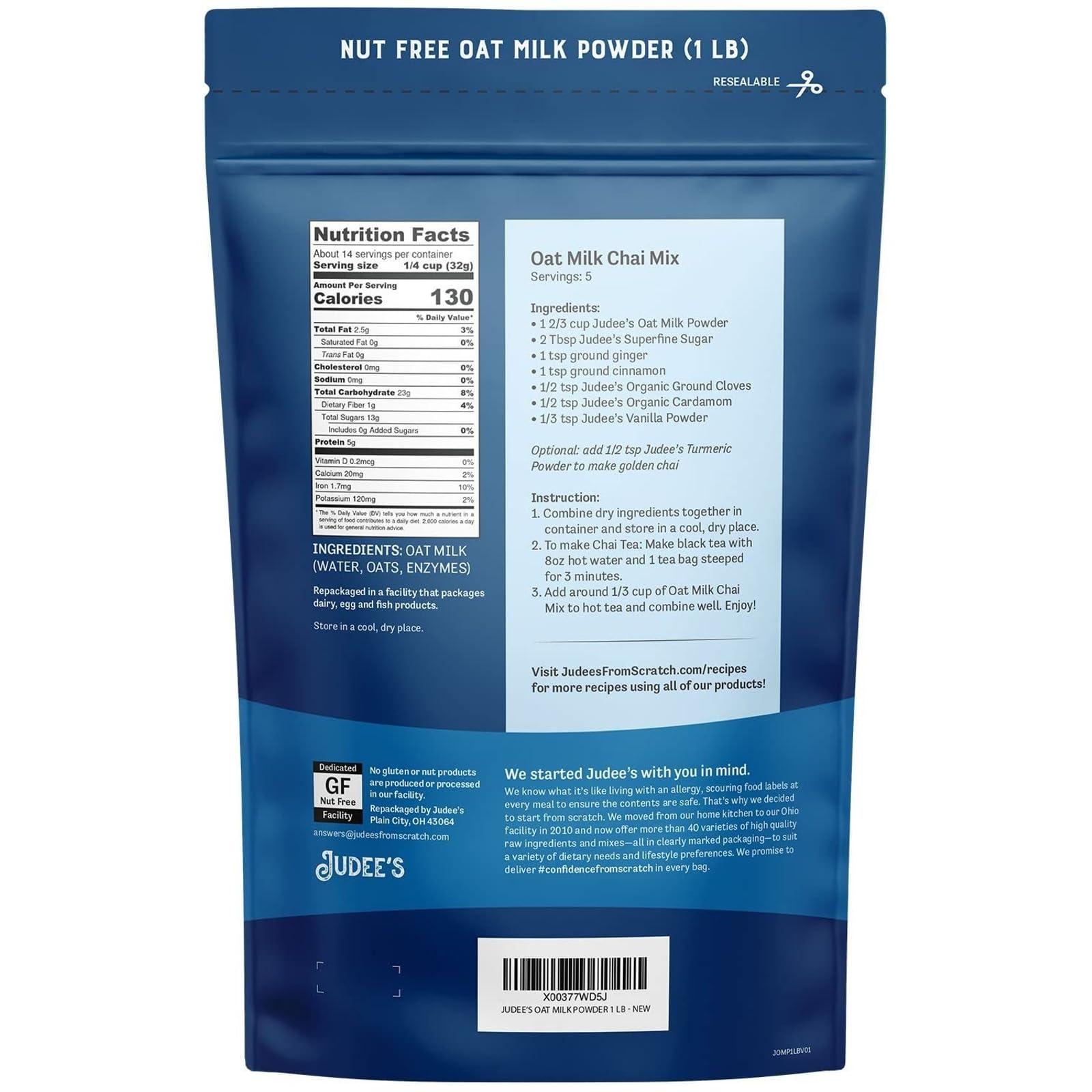 Judee's Gluten Free Judee’s Oat Milk Powder 1 lb - Vegan, Non-GMO, Soy-Free, Gluten-Free, and Nut-Free - Dairy Alternative - Use for Baking - Blends Well in Shakes and Smoothies - Add to Your Favorite Coffee and Drinks