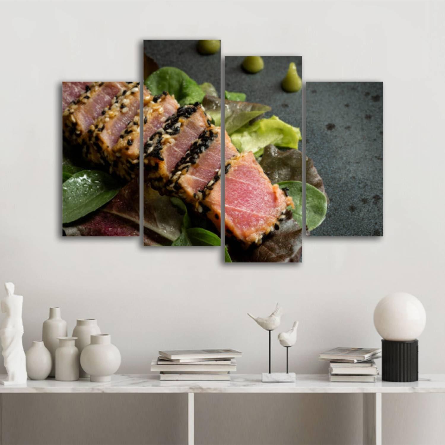 CXHSZHYZYQ CXHSZHYZYQ Canvas Wall Art Prints Pictures Grilled Sliced Tuna Steak Salad Sauce Framed Posters Modern Wall Painting Artwork Gift Home Decor for Living Room Ready to Hang 4 Panel