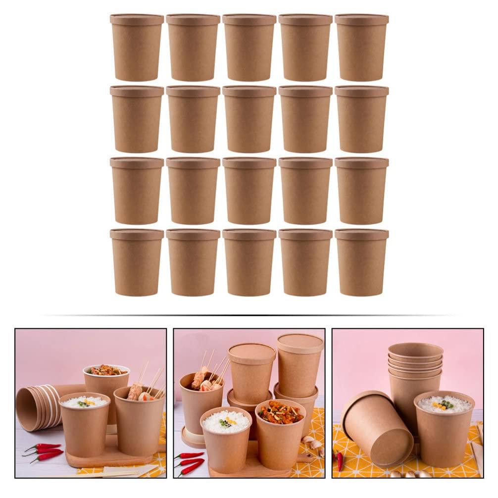 Hemoton Hemoton 25 Pack 32 oz Kraft Paper Cups with Lids- Disposable Soup Containers with Lids Ice Cream Cups with Lids- Microwavable and Freezer (25Cups& 25 Lids)