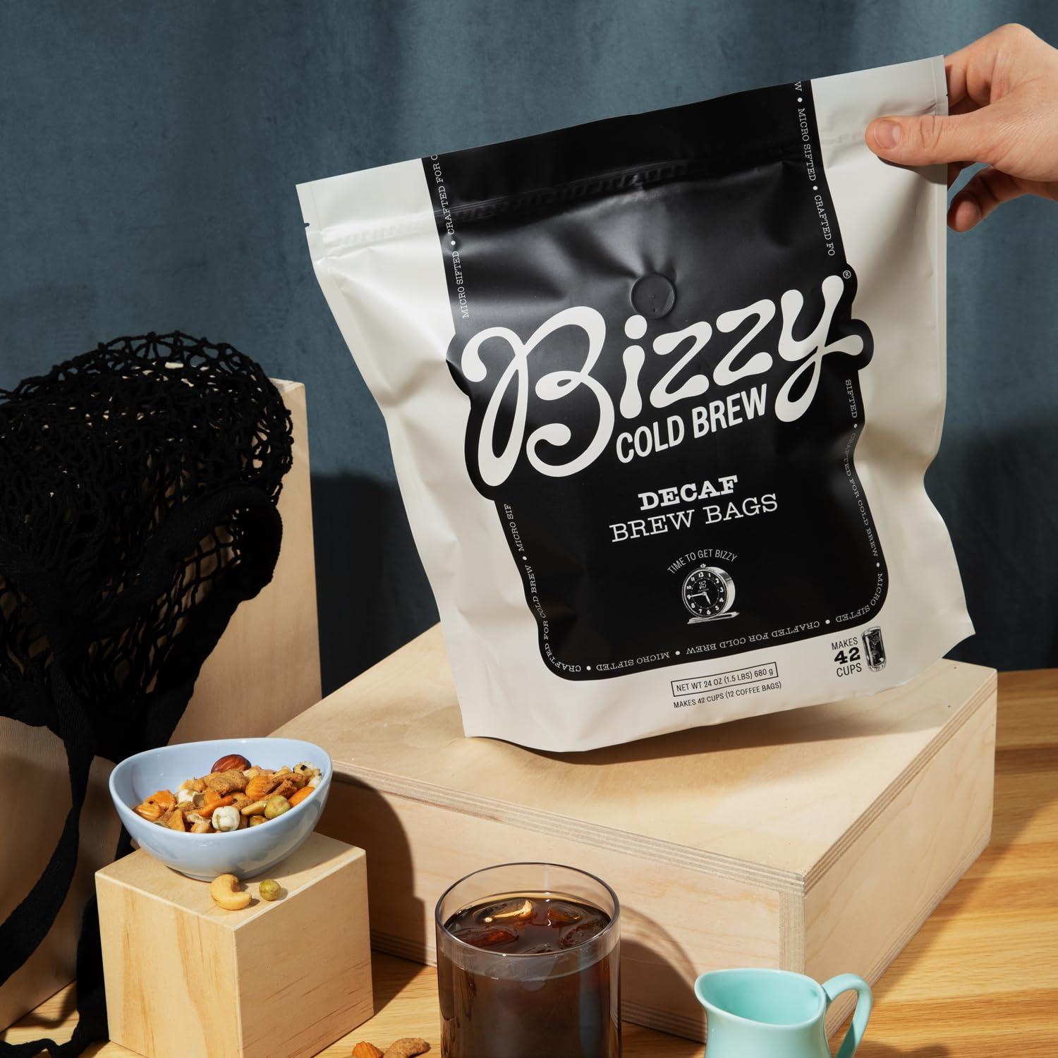 Bizzy Bizzy Cold Brew Coffee | Decaf Bundle | Coarse Ground Coffee + Brew Bags | Micro Sifted | Specialty Grade | 100% Arabica | 1 LB and 12ct Brew Bags