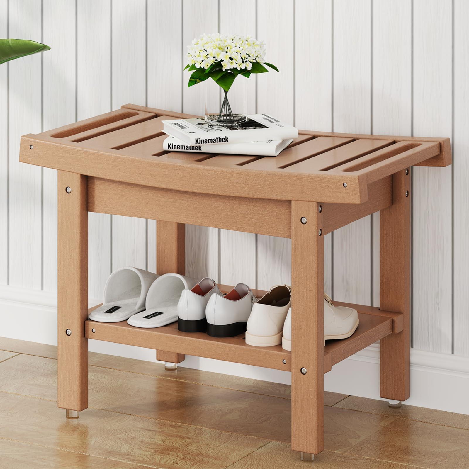 FERFALDER FERFALDER HDPE Waterproof Shower Bench Seat for Inside Showers 24" Corner Shower Bench with Storage Towel Shelf, Durable Bath Bench for Shower, Ideal Shower Bench for Shower Use