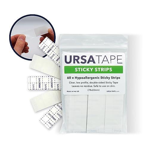 URSA Straps URSA Tape Sticky Strips No-Residue Clear Hollywood Fashion Tape for Women Double Sided | for Costumes, Dresses, Shoes & More | Body Tape for Delicate Skin, Double Sided Fabric Tape for Clothes 60 Pack