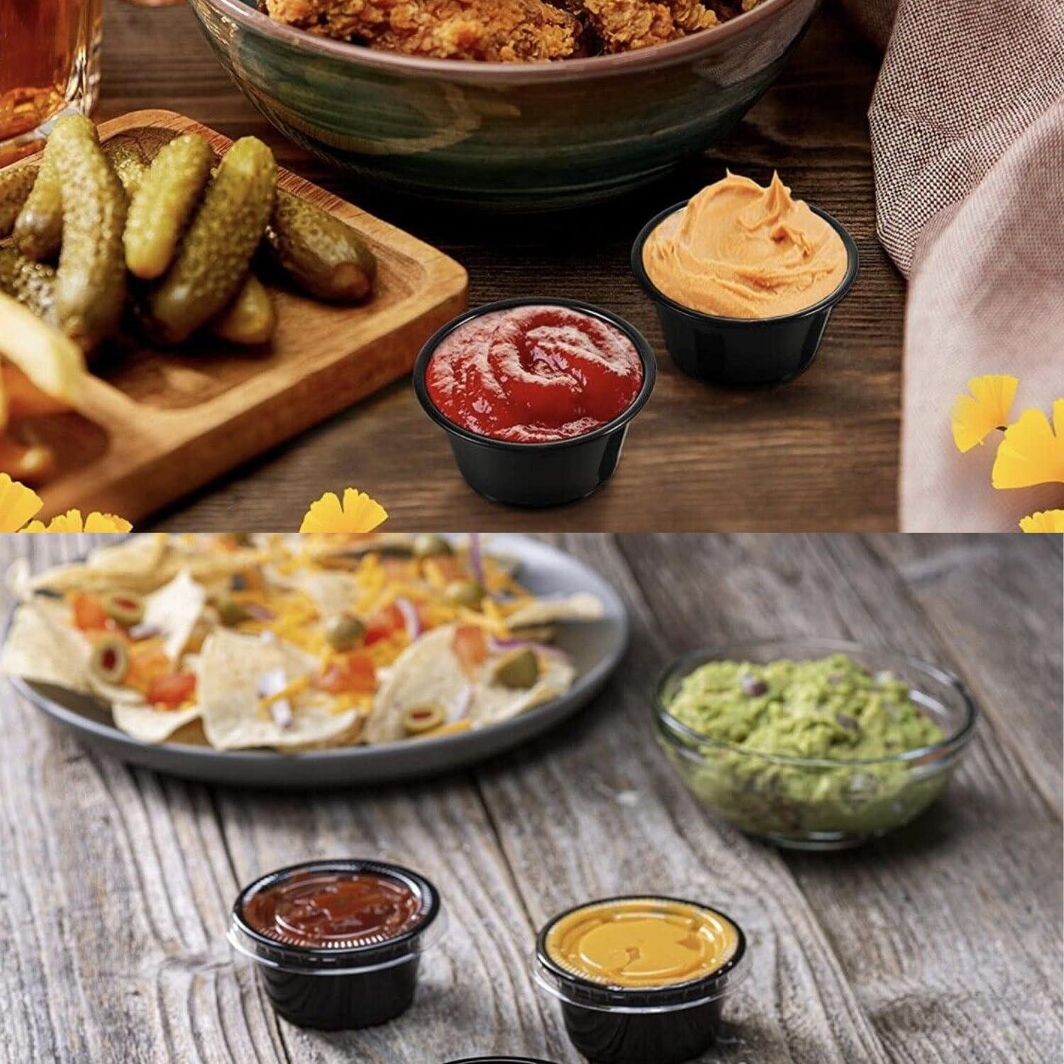 Fonteme Fonteme Black Plastic Portion Cups With Lids - (50 Sets - 2 Oz) | BPA-Free Disposable Plastic Condiment Containers | Dressing Containers for Meal Prep, Portion Control, Salad Dressing & Jello Shots