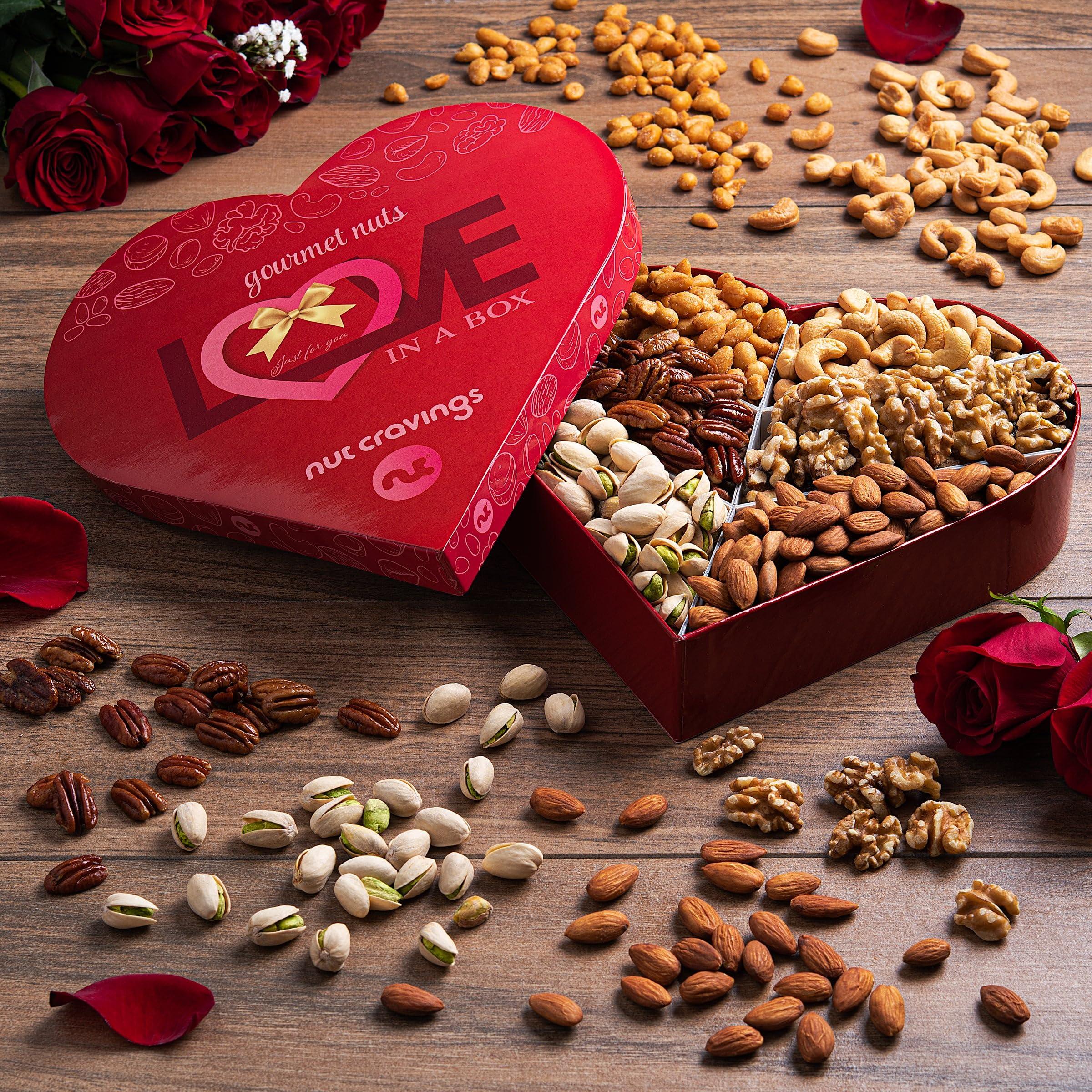 Nut Cravings NUT CRAVINGS Gourmet Collection - Valentines Day Mixed Nuts Heart Shaped Gift Basket, Love in A Box (6 Assortments) Galentines Romantic Arrangement Platter, Healthy Kosher USA Made Corporate
