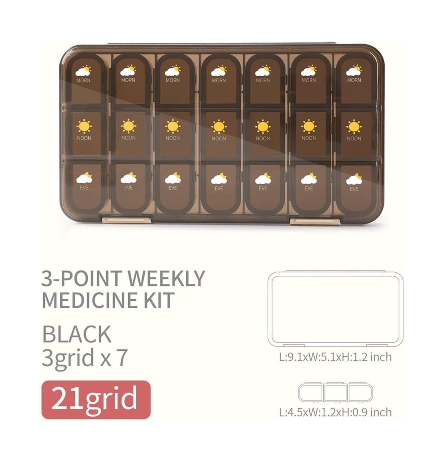 SNIME Pill Dispenser Pill Organizer,Travel Pill Box 7 Day, Airtight Pill Case Waterproof Moisture Proof, BPA Free, Easy Open (Size : 21 grids-Brown)