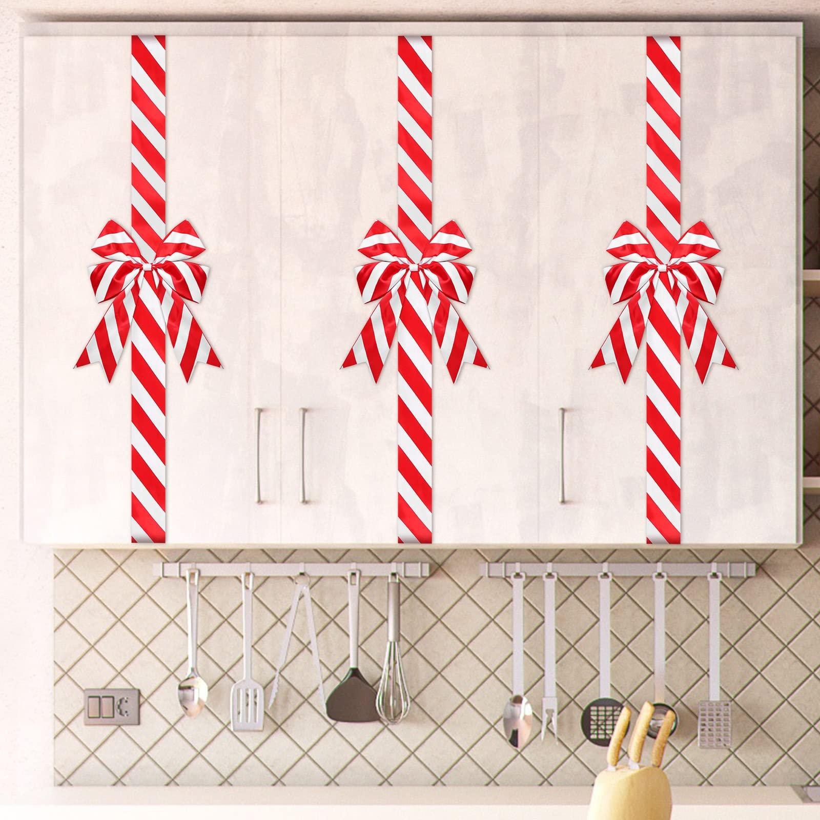 WILLBOND WILLBOND 8 Pieces Christmas Cabinet Ribbons Bows Large Christmas Door Ribbon Cabinet Bows for Christmas Party Supplies(Red and White,Stripe)