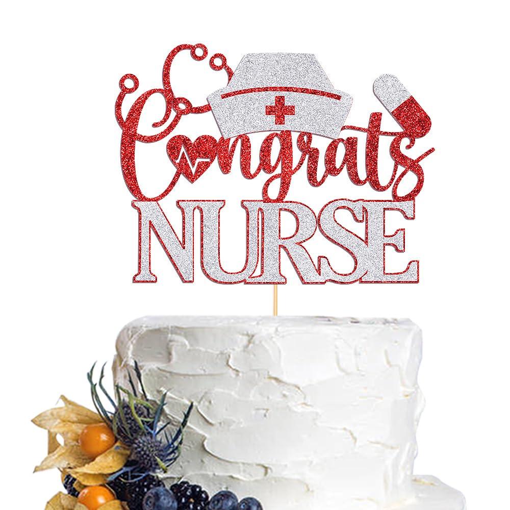 Dcokska Dcokska Congrats Nurse Cake Topper, Future Nurse Cake Topper, Congrats RN, Nurse Graduation/Medical School Graduation Party Decorations Supplies/Dinner Party Cake Topper Decorations (Red & Silver-1)