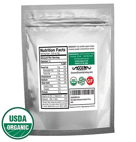 Coconut Country Living's Coconut Country Living's organic Ground Ceylon Cinnamon 3.5 oz- True Raw Powdered Cinnamon Bark from Sri Lanka - Premium Grade Mild, Naturally Sweet Spice for Health & Food - Complimentary eBook