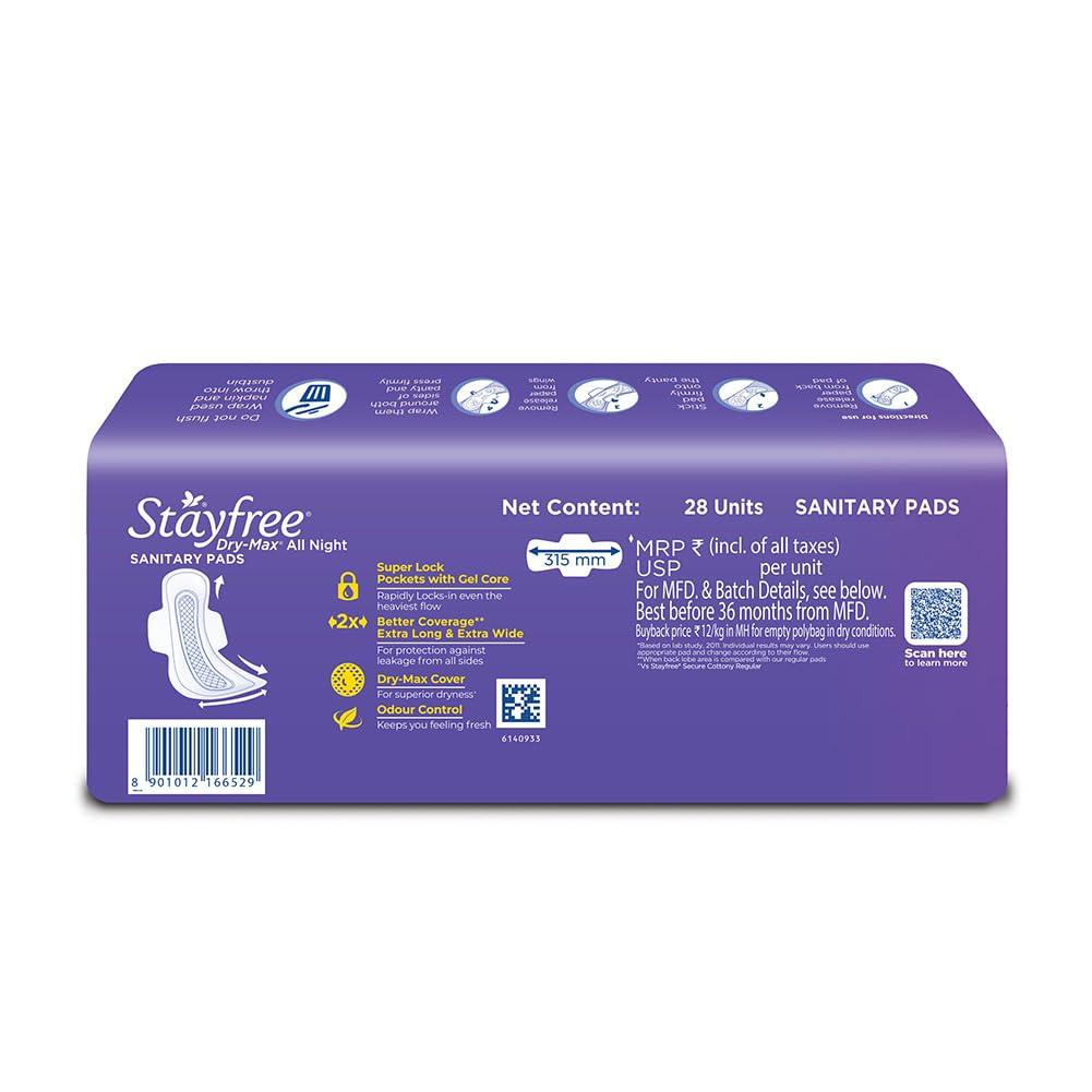 Stayfree Stayfree Dry Max All Night XL Dry Cover Sanitary Pads For Women With Wings, 28 Pads
