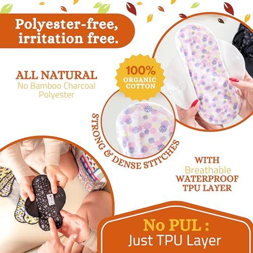 Natissy Non-Slip Organic Reusable Period Pads for Light Flow (S+M, 6-Pack); High-Temp Washable Cotton Cloth Pads for Women & Teens; Non-Irritating, Soft Reusable Pads Menstrual for Comfortable Period Care