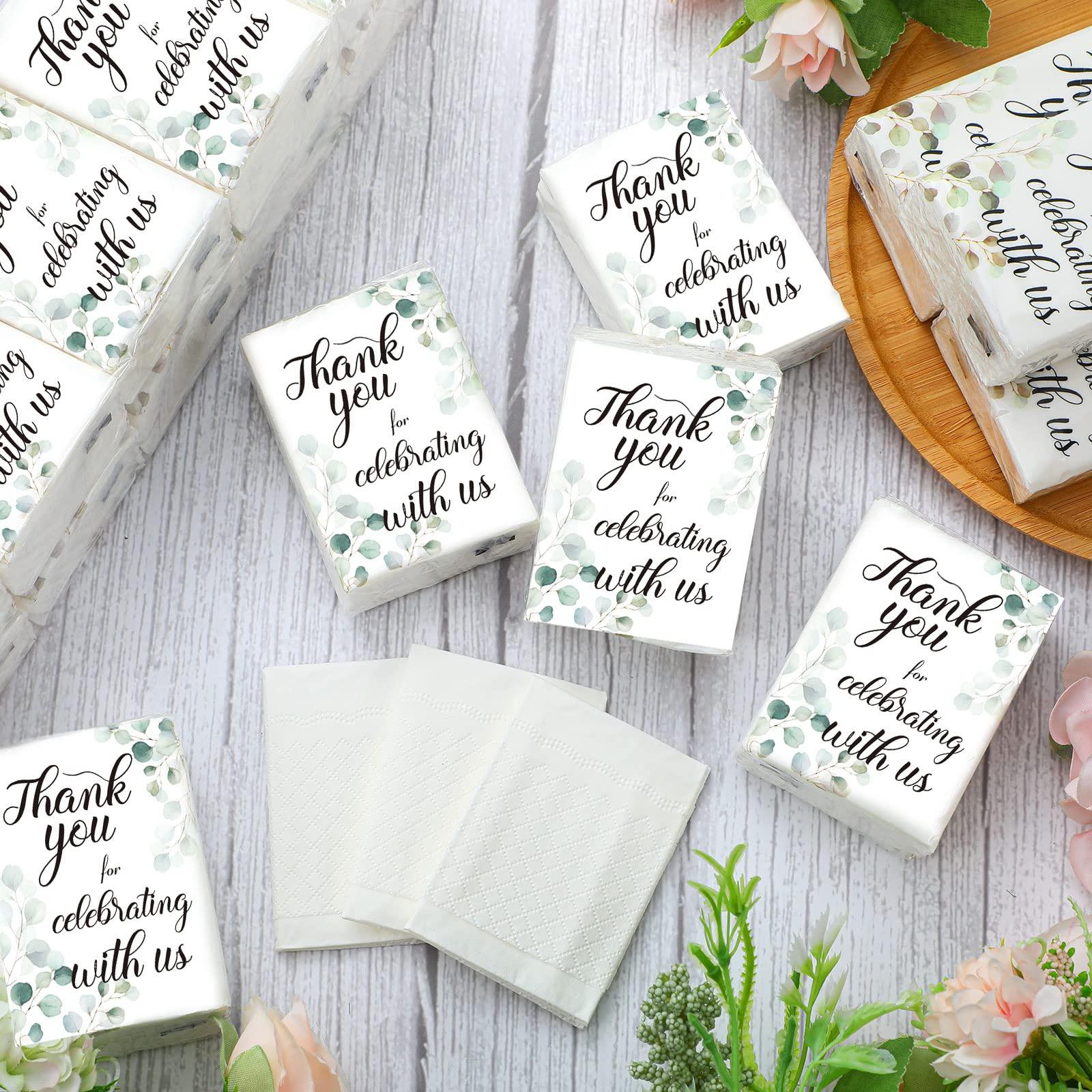 Sinmoe 100 Pack Wedding Bulk Travel Pocket Tissue Thank You Mini Facial Tissue Greenery Eucalyptus Tissue 3 Ply Tissue for Celebrating with Us Guest Tissue for Wedding, Bridal Shower, Graduation