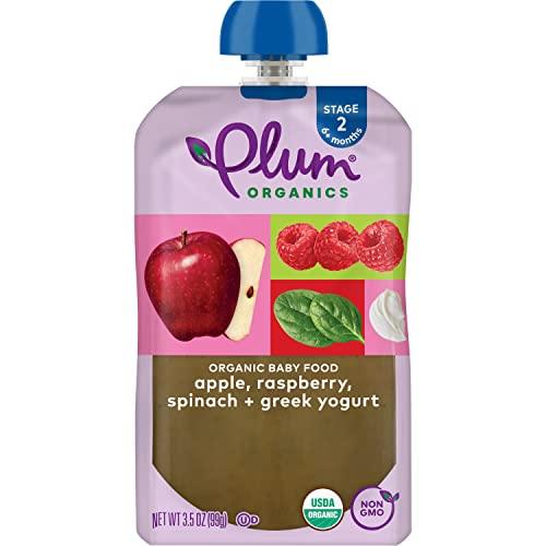 Plum Organics Plum Organics Stage 2 Organic Baby Food - Apple, Raspberry, Spinach, and Greek Yogurt - 3.5 oz Pouch (Pack of 12) - Organic Fruit and Vegetable Baby Food Pouch