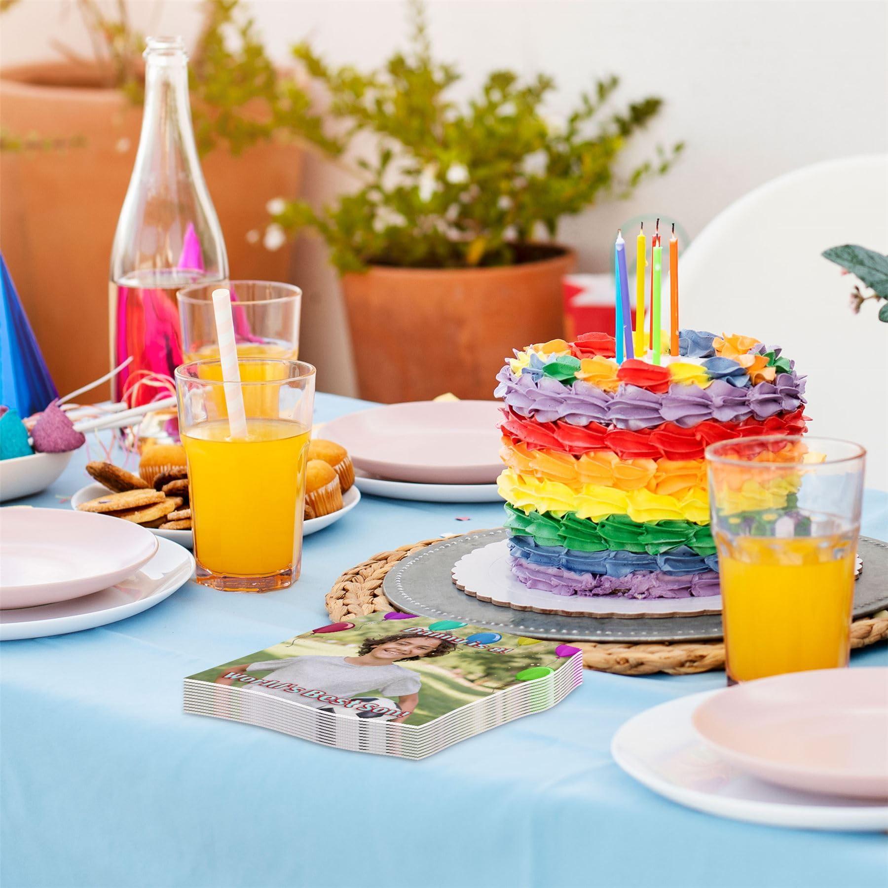 Bang Tidy Clothing Personalized Photo Beverage Napkins For Special Occasion, Birthday Party Tableware Decorations, Balloon Border Frame, Custom Disposable Luxury Linen Feel Pack of 24 Paper Serviettes