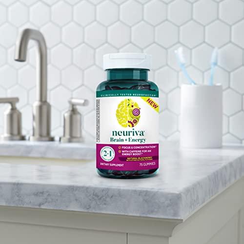 NEURIVA NEURIVA Brain + Energy Gummies, Nootropic Brain Supplements for Focus and Concentration with Neurofactor, Vitamin B12 & Caffeine for an Energy Boost*, 75ct Natural BlackBerry