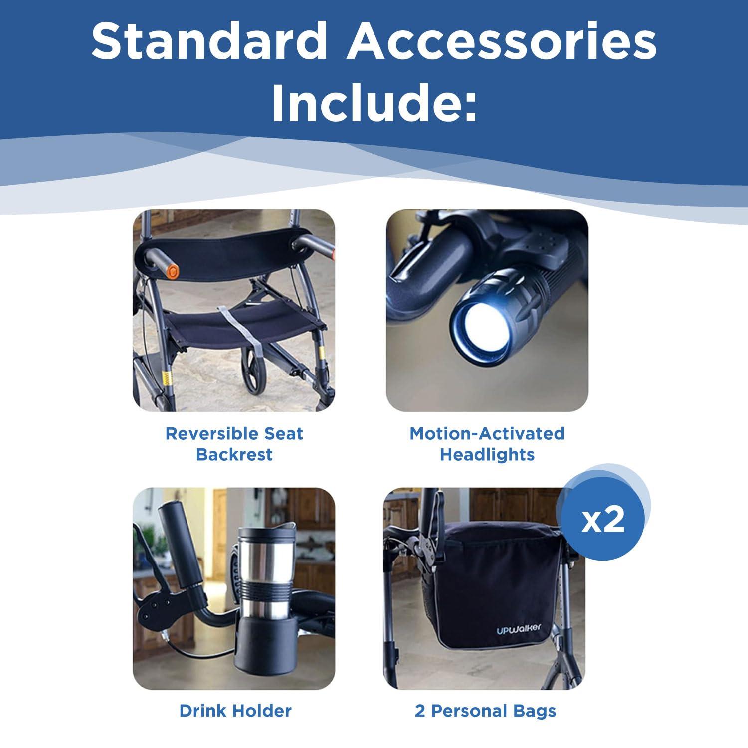 LifeWalker Journey UPWalker Premium Lite The Original Upright Walker Premium, Lightweight Adjustable Upright Rollator Walker with Narrow Build, Motion Sensor Lights, & Seat for Seniors